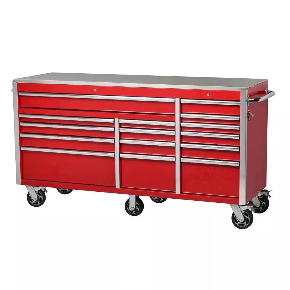 2025 Heavy-Duty 72 in. W x 24 in. D 15-Drawer Tool Chest Mobile Workbench with Stainless Steel Top and Dual Locks in Red