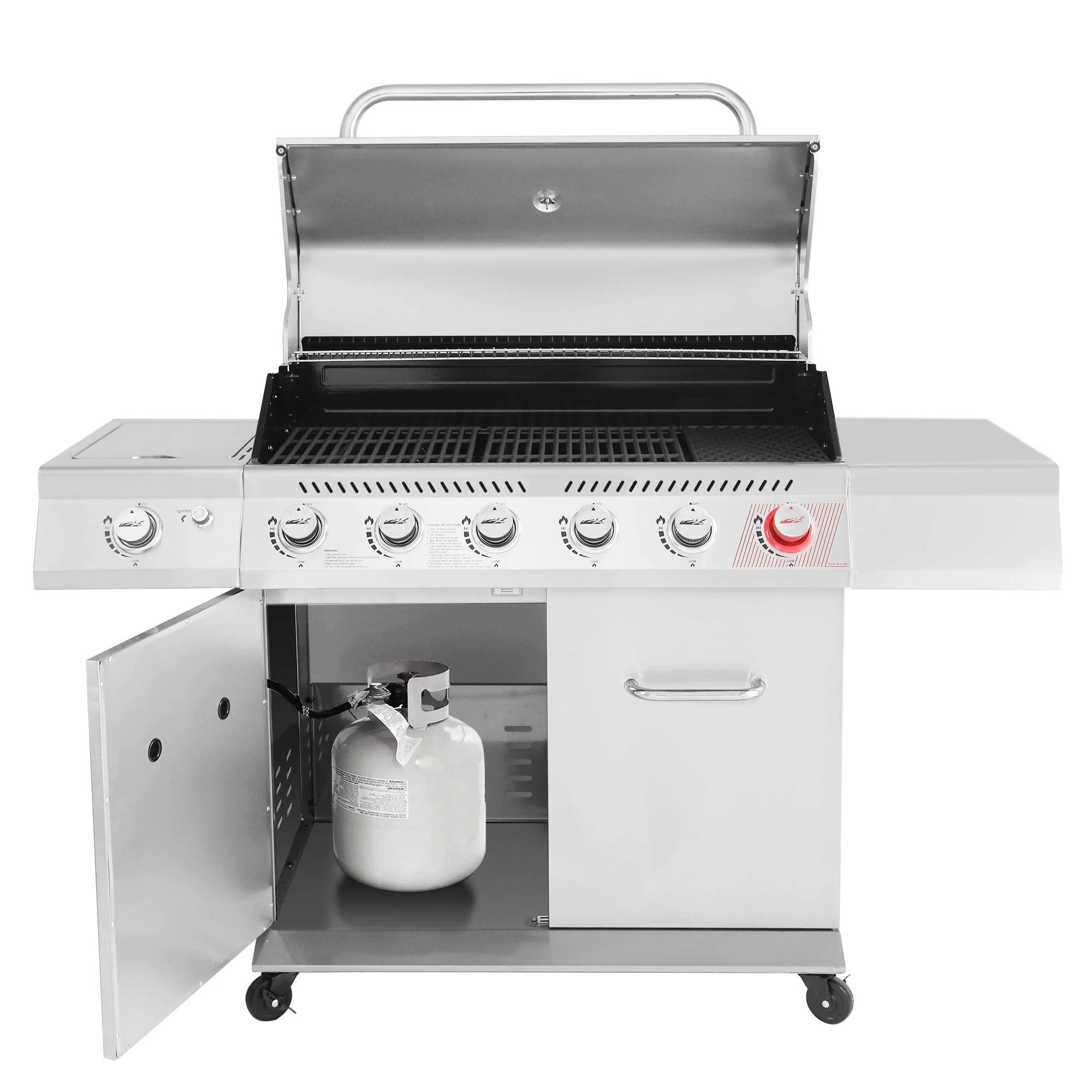 Stainless Steel Gas Grill, Premier 6-Burner Propane Grill with Sear Burner and Side Burner, 74,000 BTU, Cabinet Style, Outdoor BBQ Party Grill, Silver