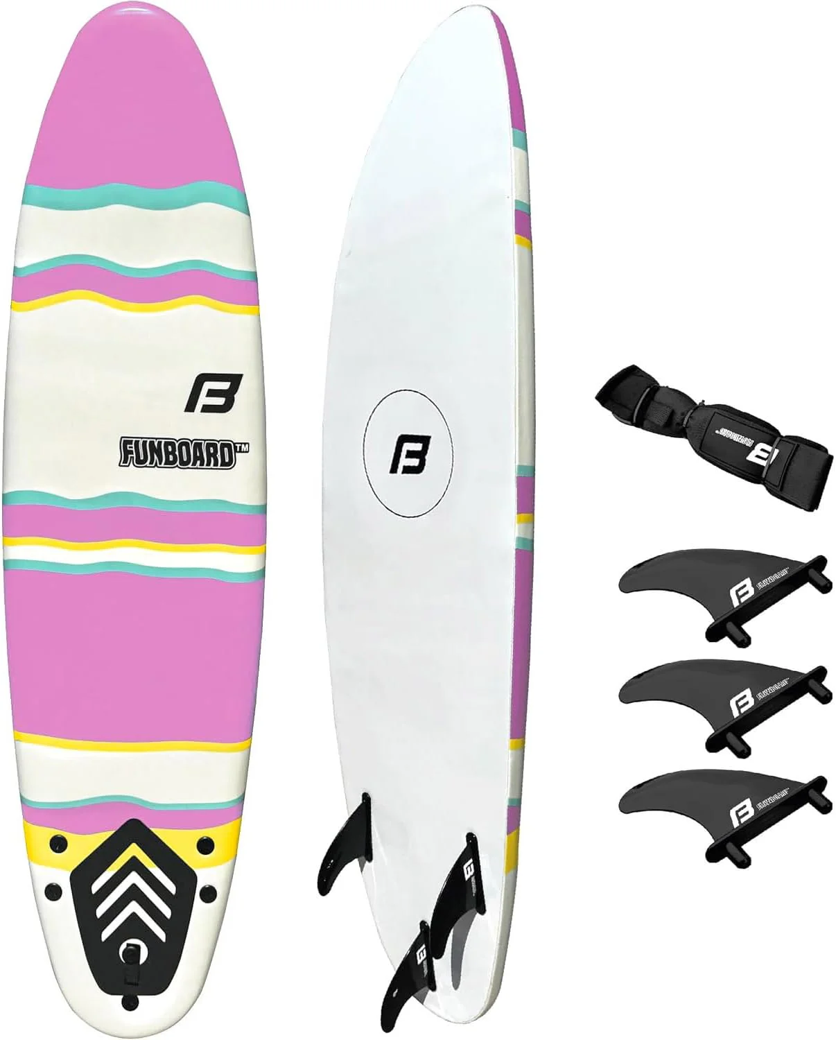 6’ FUNBOARD Surfboard Softboard Foam - Include (3) Fins 6’ Foot Leash and (2) Wood Stringers - Kids and Adults Beginner Intermediate
