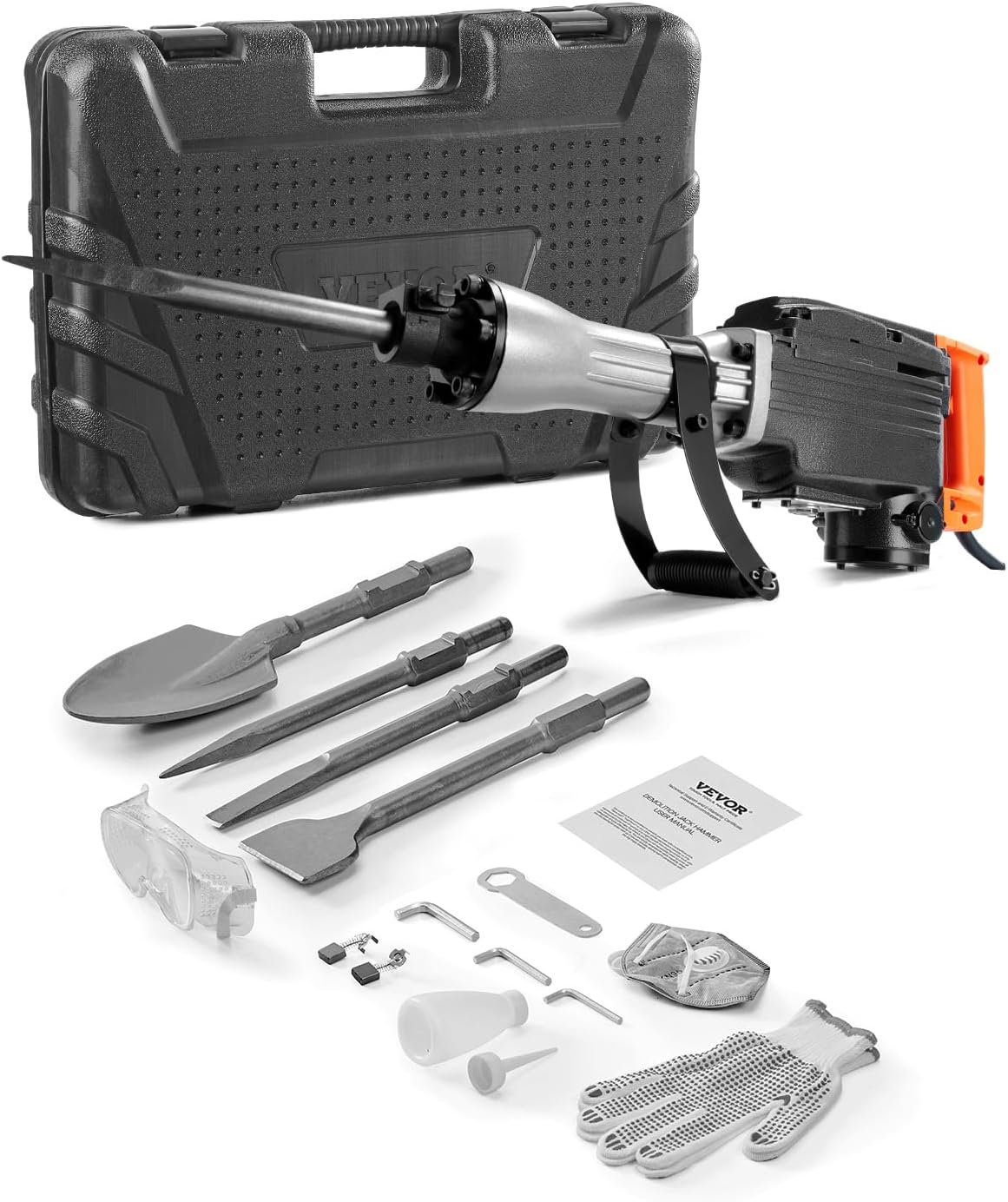 Demolition Jack Hammer, 1350 BPM Concrete Breaker 6pcs Chisels Bit Chipping with Case, 2200W Electric Jackhammer Heavy Duty, Black