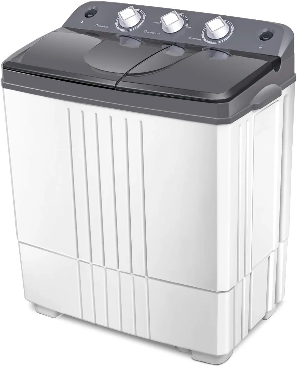 Portable washing machine, capacity 20 pounds, combined design, with the washing machine weighing 12 pounds and the spin dryer weighing 8 pounds. Suitable for use in apartments and campers. Available in gray and white styles.