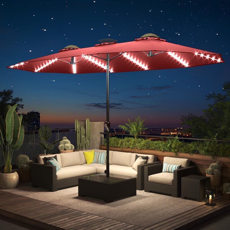 15ft Patio Umbrella with Solar Lights, Large Double Umbrella Outdoor, Rectangle 180''x106'' Umbrellas with 156 PCS LED Lights and Crank Handle for Backyard Deck Pool Shade in Black(1.9