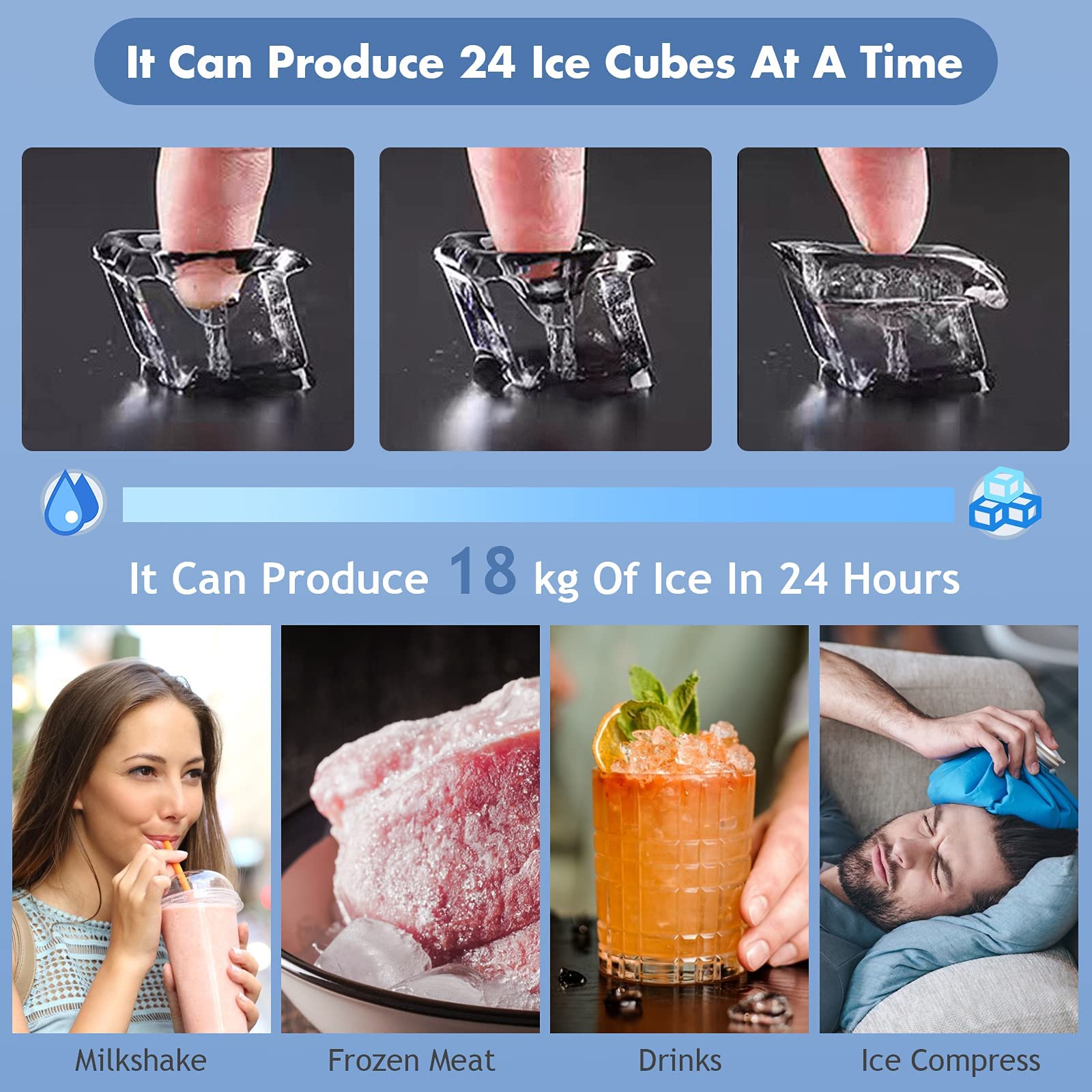Countertop Ice Maker Machine, 45 Lbs/24H, 24 Pcs/13 Mins, 2 Ways to Add Water
