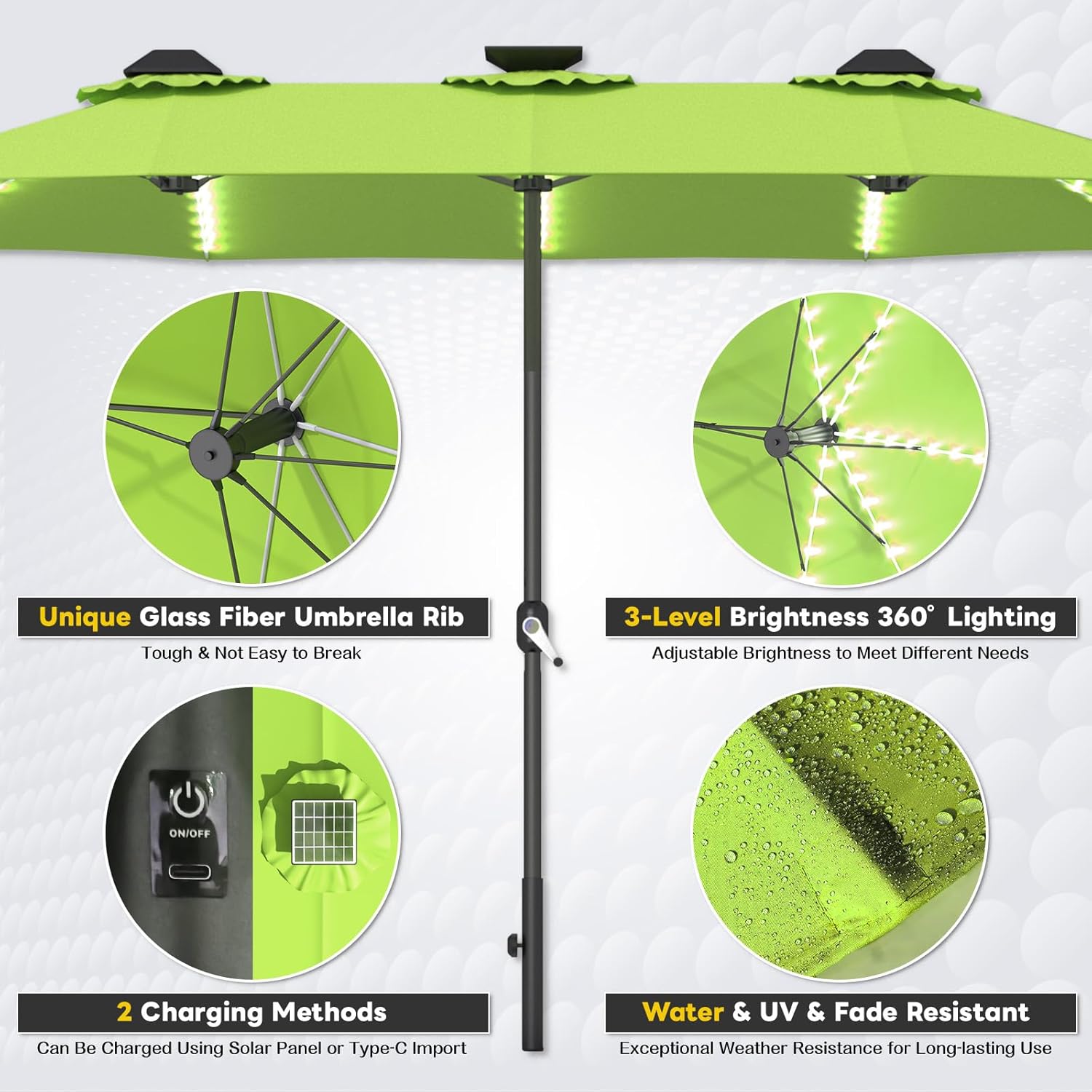 15ft Patio Umbrella with Solar Lights, Large Double Umbrella Outdoor, Rectangle 180''x106'' Umbrellas with 156 PCS LED Lights and Crank Handle for Backyard Deck Pool Shade in Black(1.9