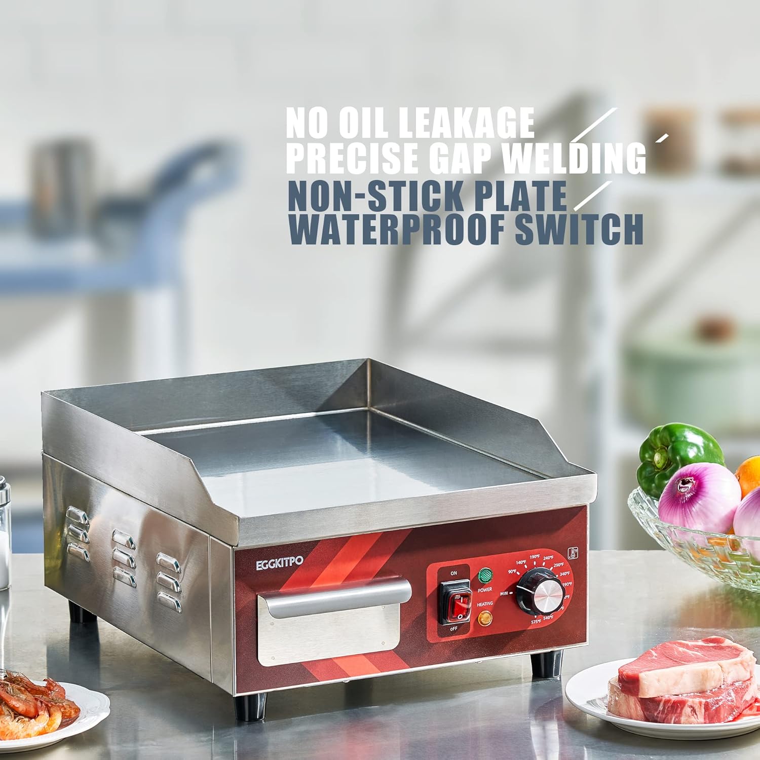 14 Inch Electric Griddle, Non-Stick Flat Top Grill Commercial Electric Countertop Griddles Stainless Steel Adjustable Temperature Control 90°F-575°F for Home or Restaurant Use