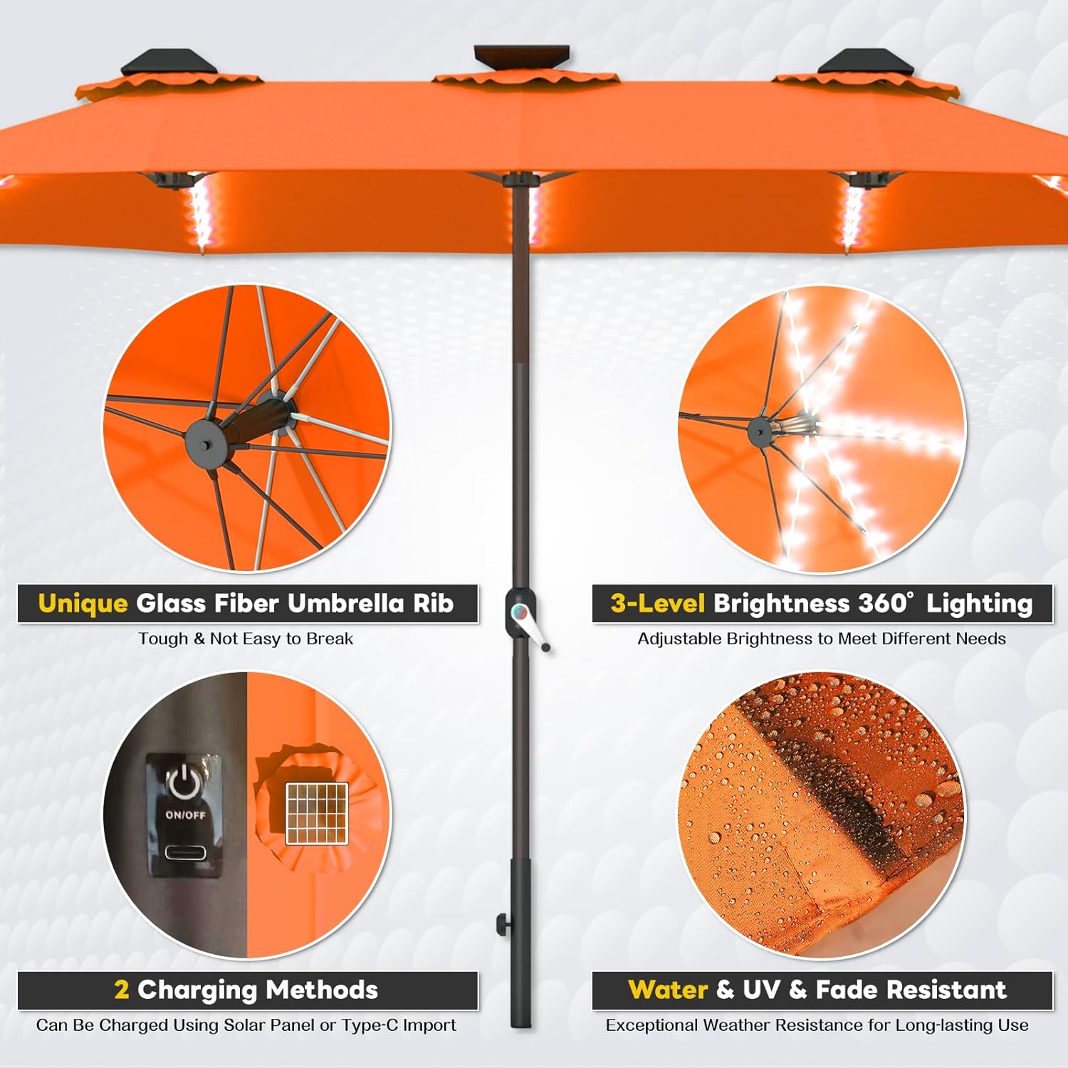 15ft Patio Umbrella with Solar Lights, Large Double Umbrella Outdoor, Rectangle 180''x106'' Umbrellas with 156 PCS LED Lights and Crank Handle for Backyard Deck Pool Shade in Black(1.9