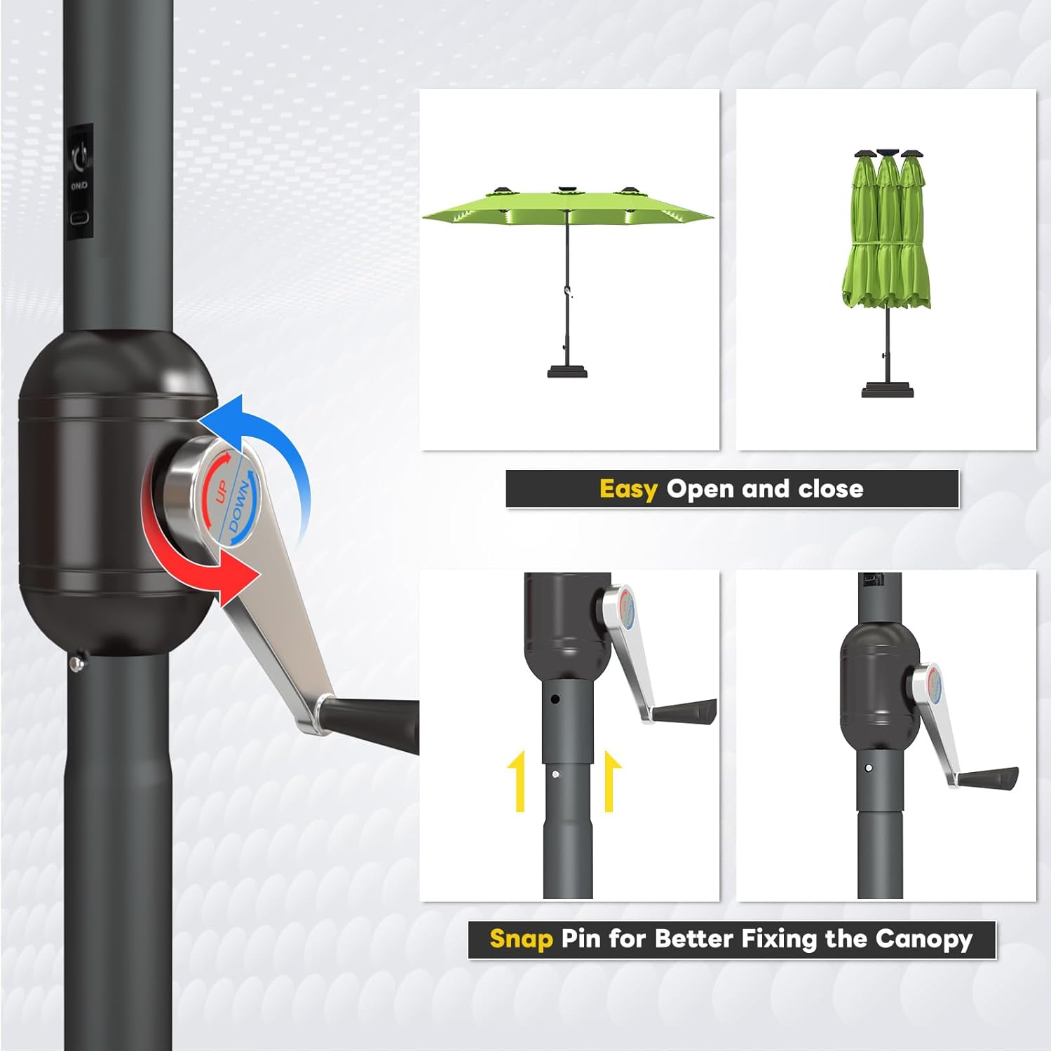 15ft Patio Umbrella with Solar Lights, Large Double Umbrella Outdoor, Rectangle 180''x106'' Umbrellas with 156 PCS LED Lights and Crank Handle for Backyard Deck Pool Shade in Black(1.9