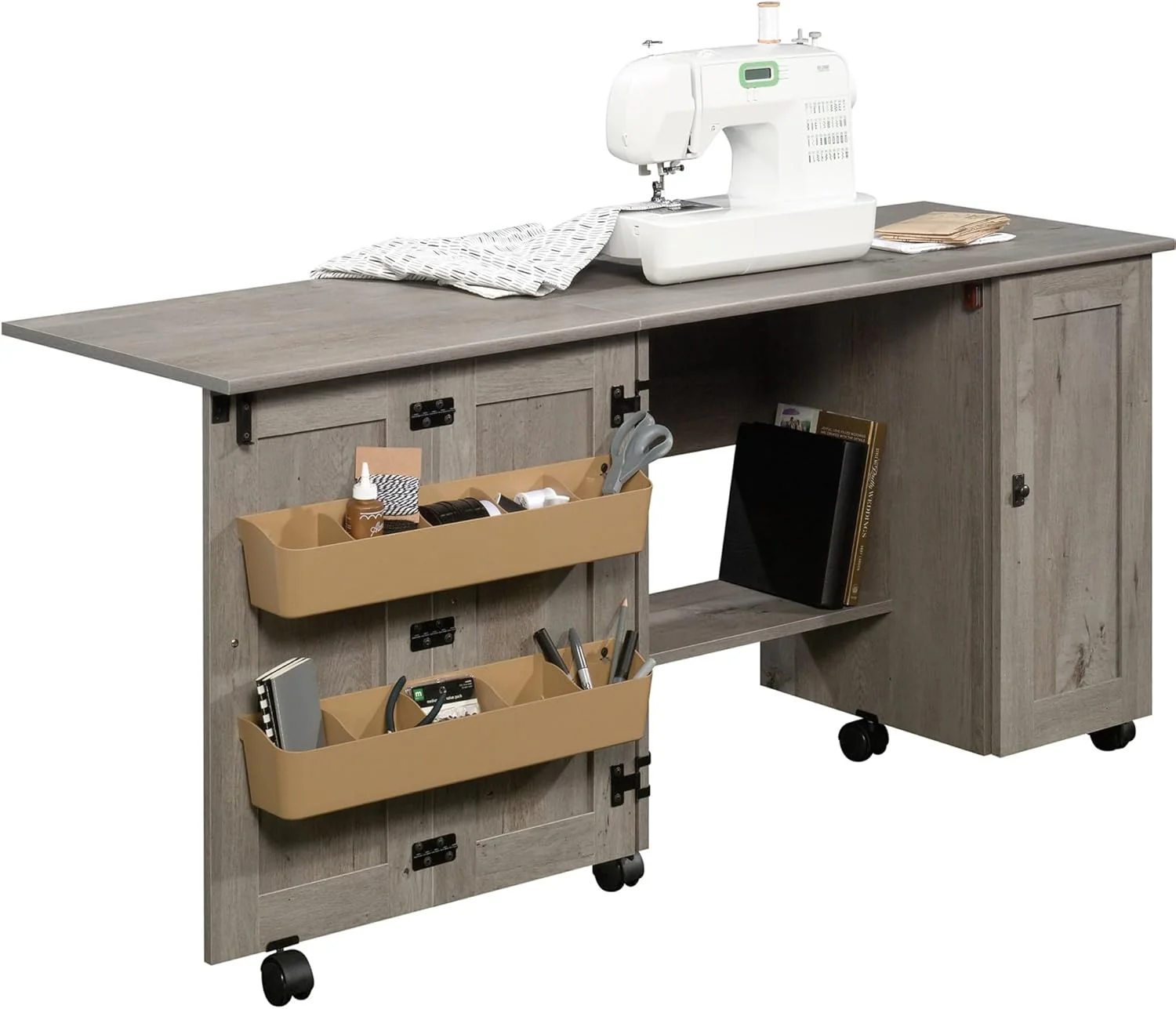 Craft Cart Storage Cabinet, Rolling Sewing Table with Expandable Top, Mystic Oak