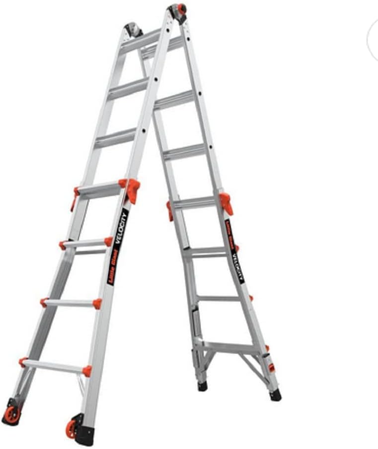 17-foot foldable multi-position ladder, made of aluminum, with a load capacity of 300 pounds, 1A type super heavy-duty, 18-foot extension length, equipped with a ratchet leveling device and wheels
