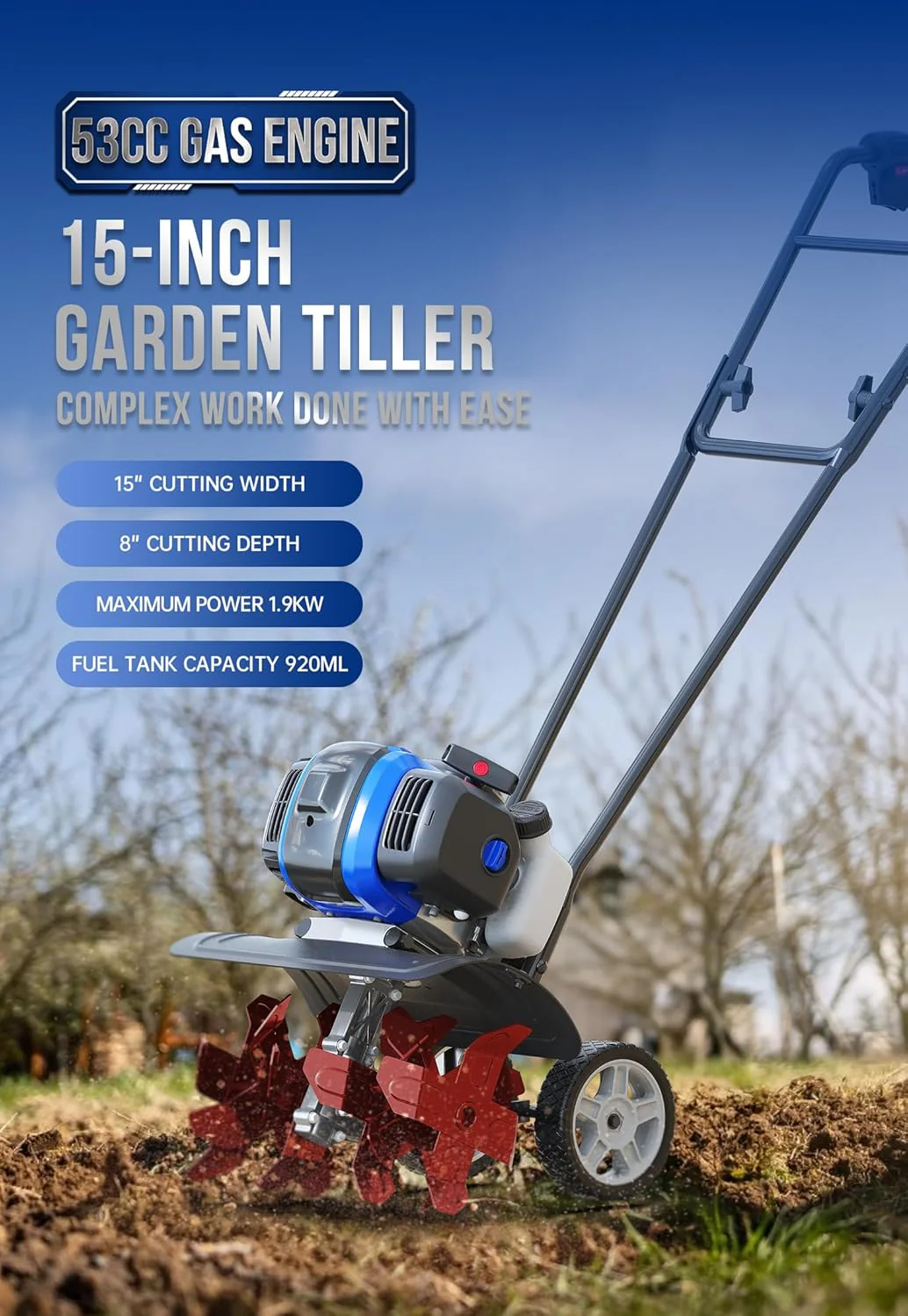 2025 Garden Tiller 53cc Mini Cultivator 15 inch Powerful Liftable Booster Rod Tilling Tool for Lawn, Garden and Field Soil Cultivation