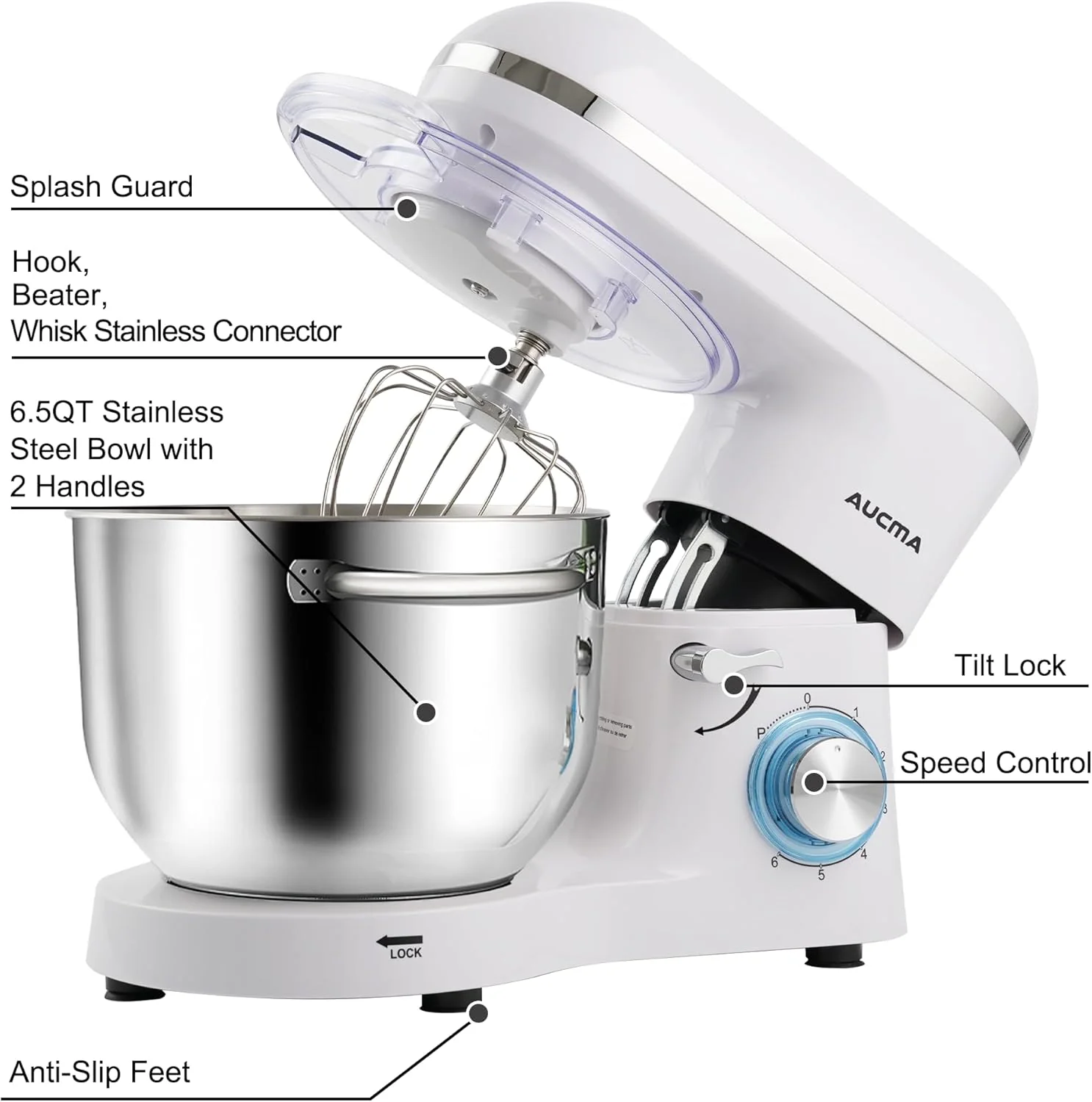 Aucma Stand Mixer,6.5-QT 660W 6-Speed Tilt-Head Food Mixer, Kitchen Electric Mixer with Dough Hook