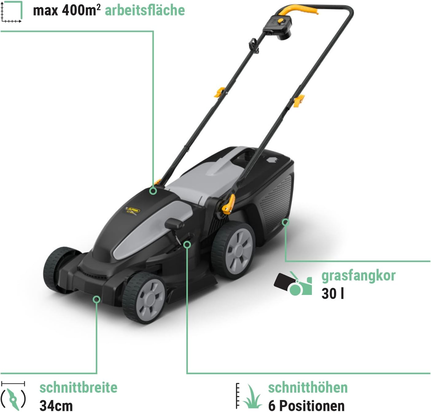 Alpina AL1 34 E Elektro-Rasenmher, Schnittbreite 34 cm, 1200 W, 35 L Kunststoff-Grasfangkorb