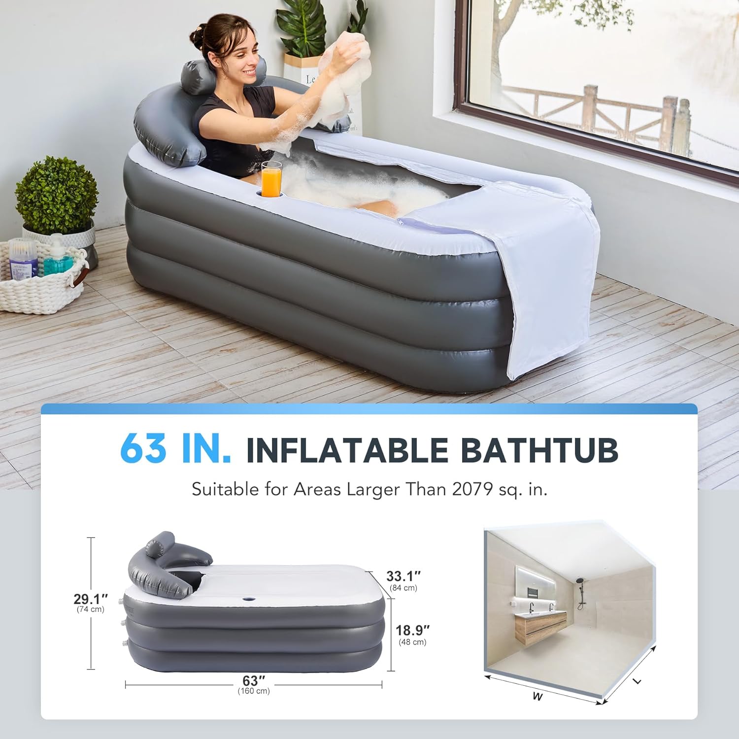 Inflatable Adult Bath Tub, Free-Standing Blow Up Bathtub with Foldable Portable Feature for Adult Spa with Electric Air Pump (High-Density PVC)