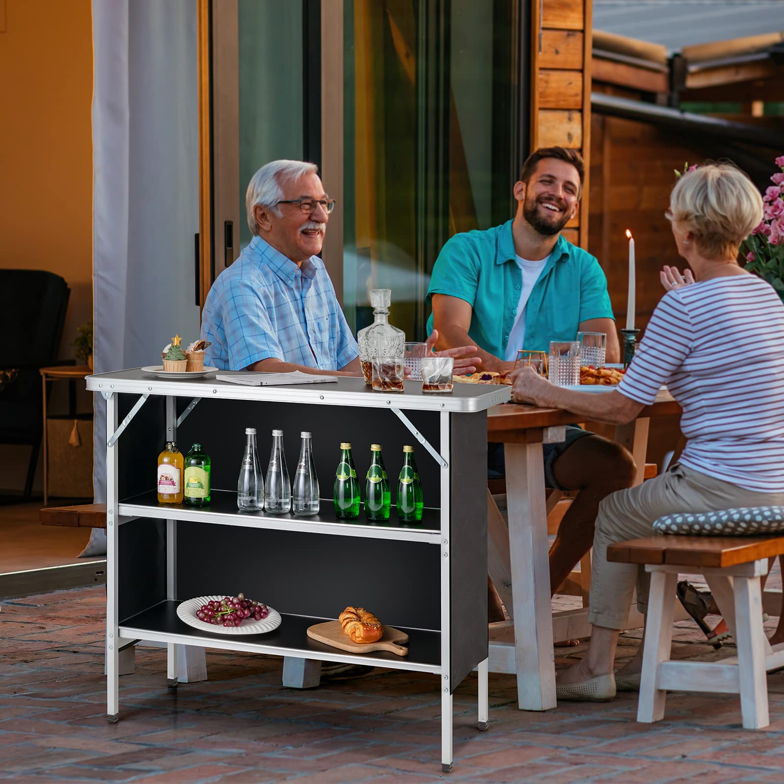2025 Goplus Folding Camping Table, Aluminum Portable Pop-Up Bar Table with 2-Tier Storage Shelves