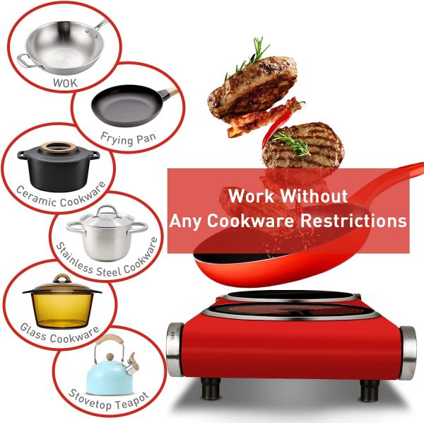 1800W Electric Dual Hot Plate, Countertop Stove Double Burner for Cooking, Infrared Ceramic Hot Plates Double Cooktop, Red, Brushed Stainless Steel Easy To Clean Upgraded Version, Red