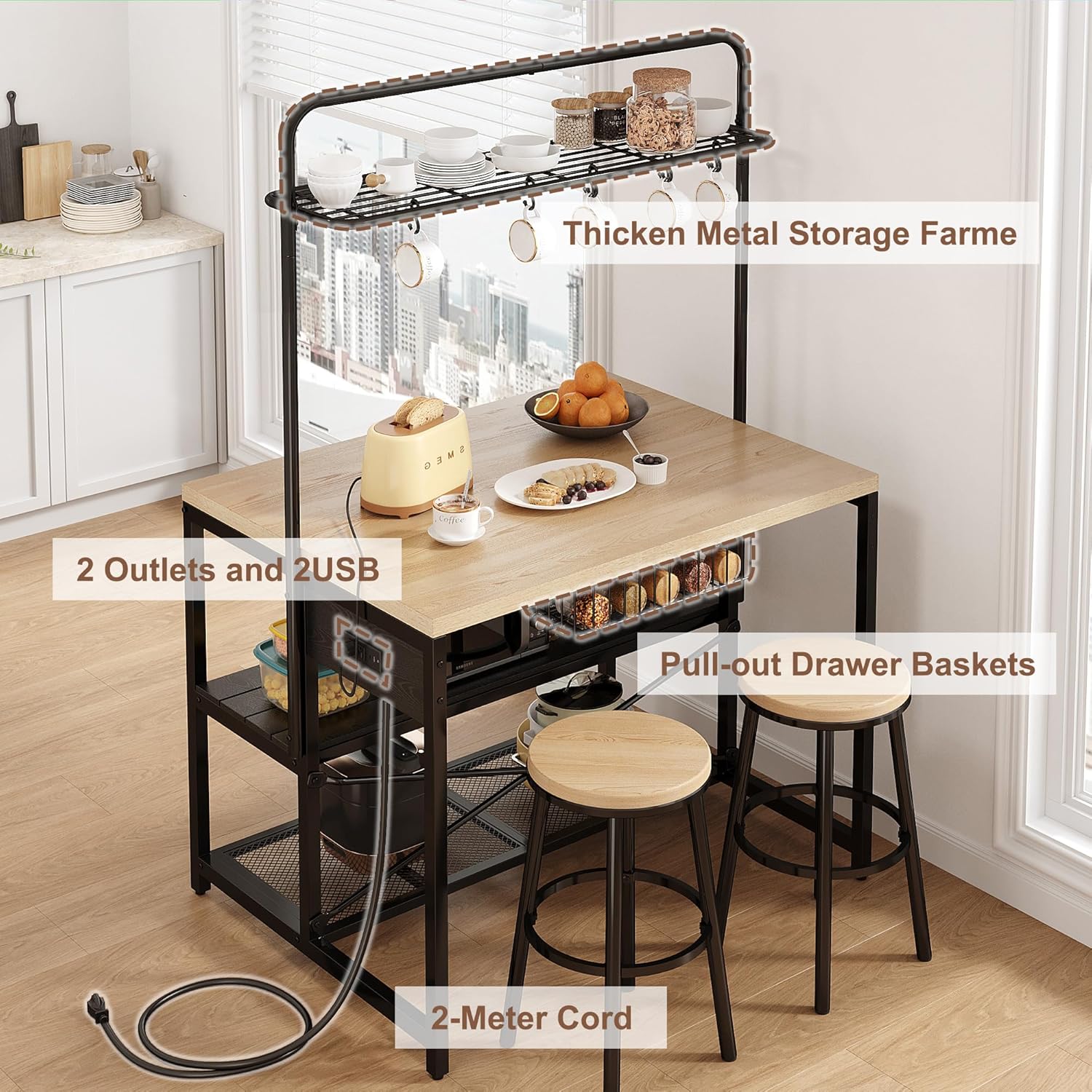 Kitchen Island, Kitchen Island with Storage, Bakers Rack, Island Table for Kitchen, Bakers Rack with Storage, Large Kitchen Island Table, Coffee Bar Table with Shelf,5 Racks,Pear Wood White