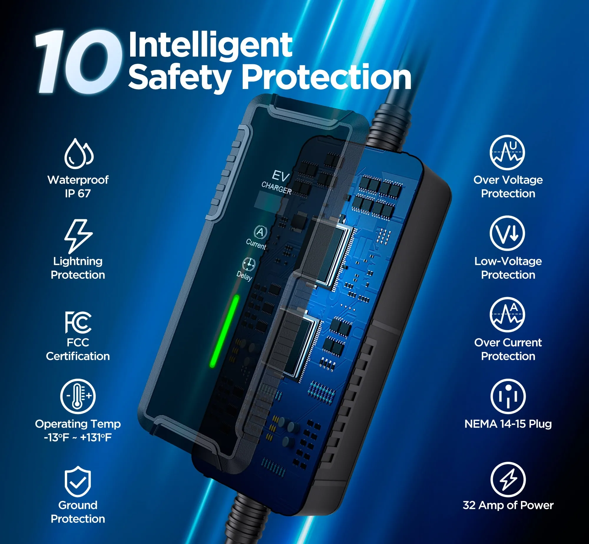 Level 2 & Level 1 EV Charger, 16Amp 110-240V Portable J1772 Electric Car Charger with Adjustable Amp Delayed Timer 25ft Long Cord