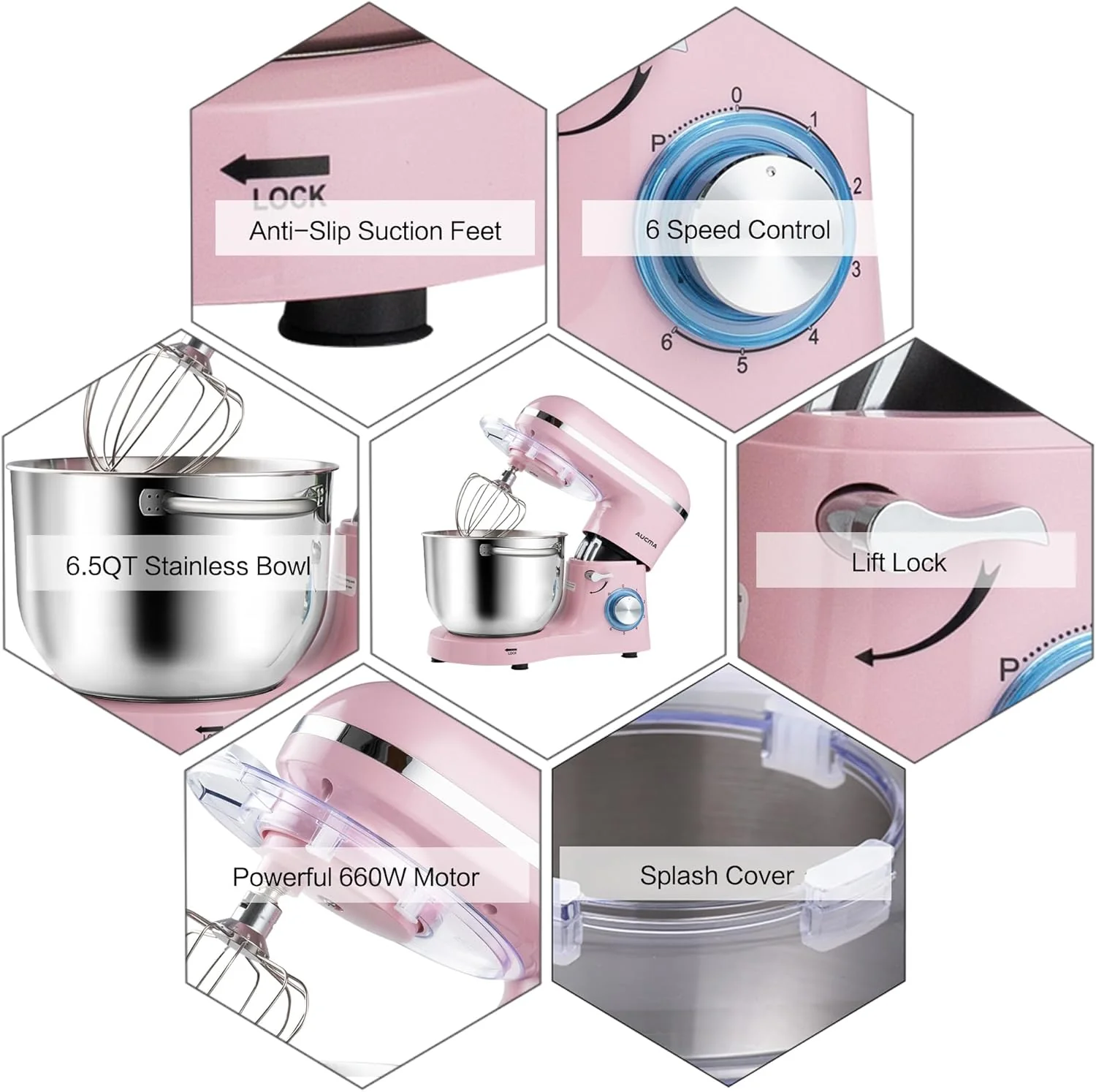 Aucma Stand Mixer,6.5-QT 660W 6-Speed Tilt-Head Food Mixer, Kitchen Electric Mixer with Dough Hook