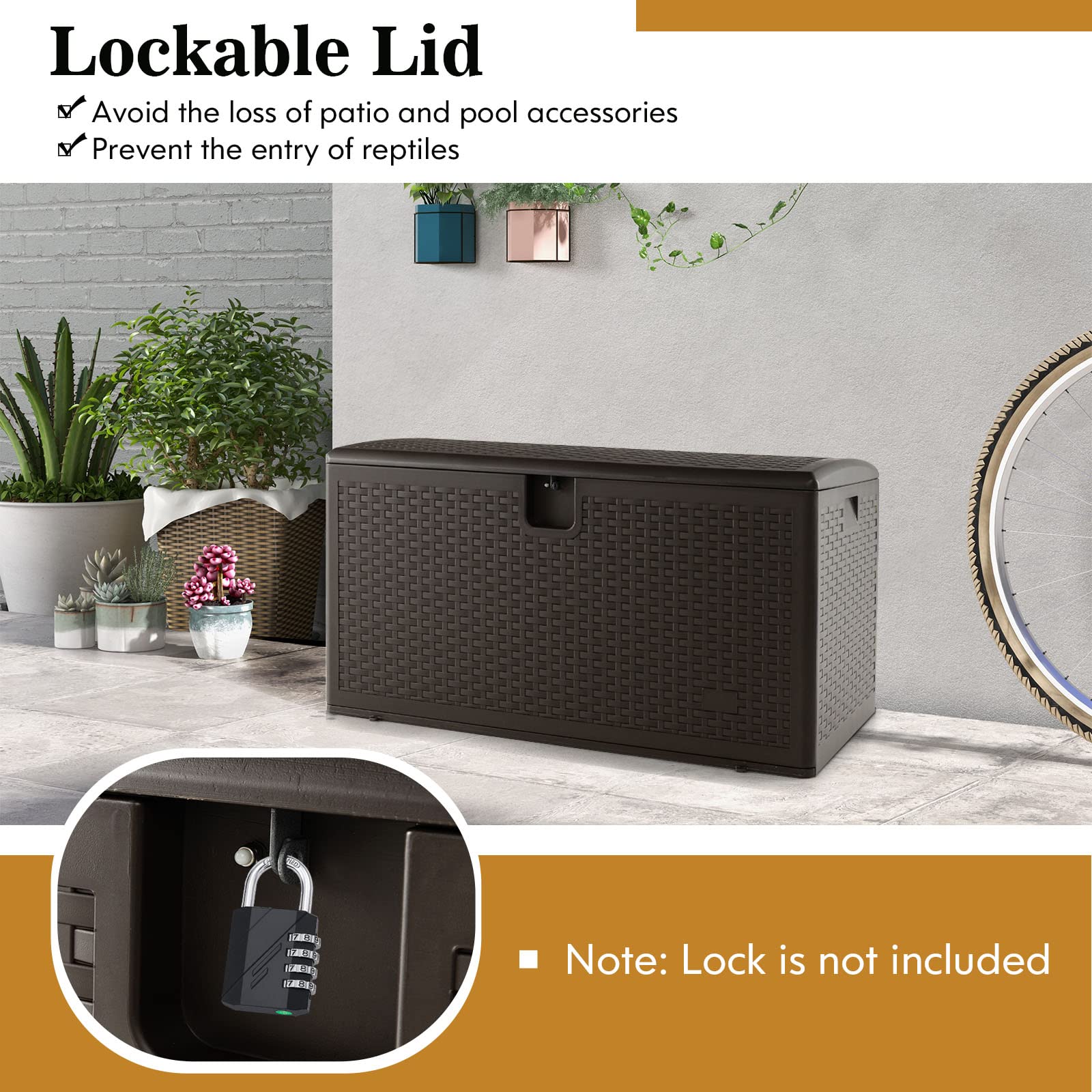 Outdoor Storage Box, 31 73 100 Gallon Waterproof Resin Patio Storage Box with Lockable Lid, Side Handle for Pillows, Cushions