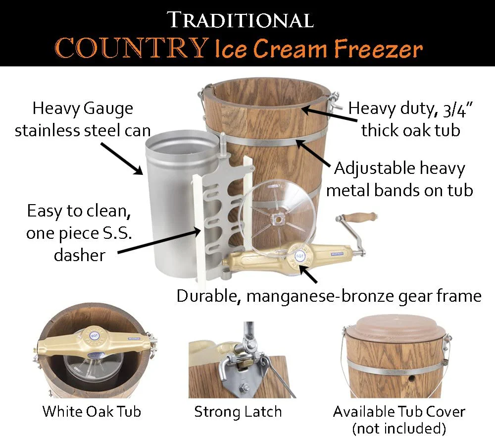 2025 6 qt Country Ice Cream Maker – Classic Wooden Tub – Hand Crank