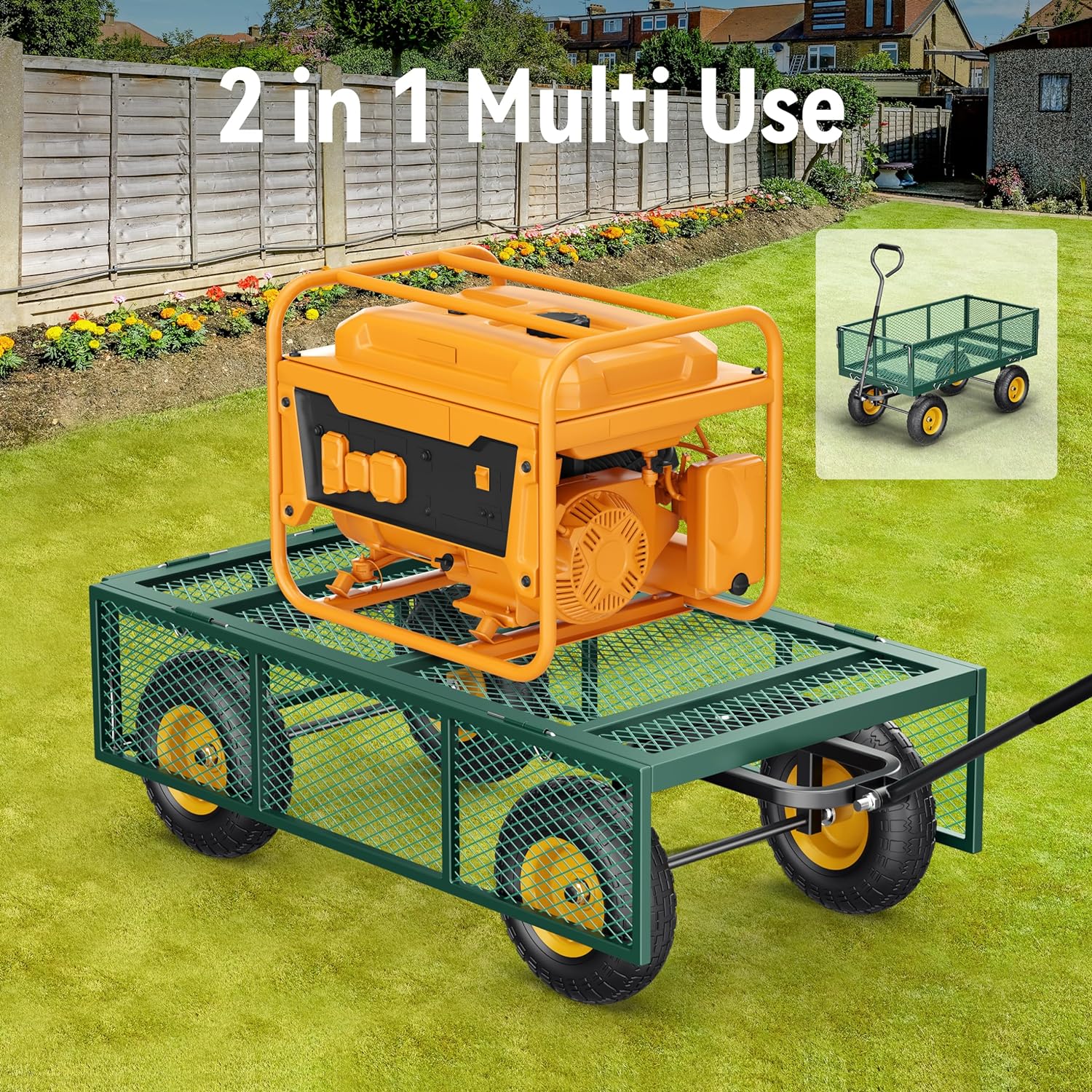2025 Steel Garden Cart, 2-in-1 1400 lbs Heavy Duty Utility Wagon, with Removable Mesh Sides to Convert into Flatbed, 240° U-Turn 13" Pneumatic Tires Garden Wagon for Farm Yard Lawn Garden Camping
