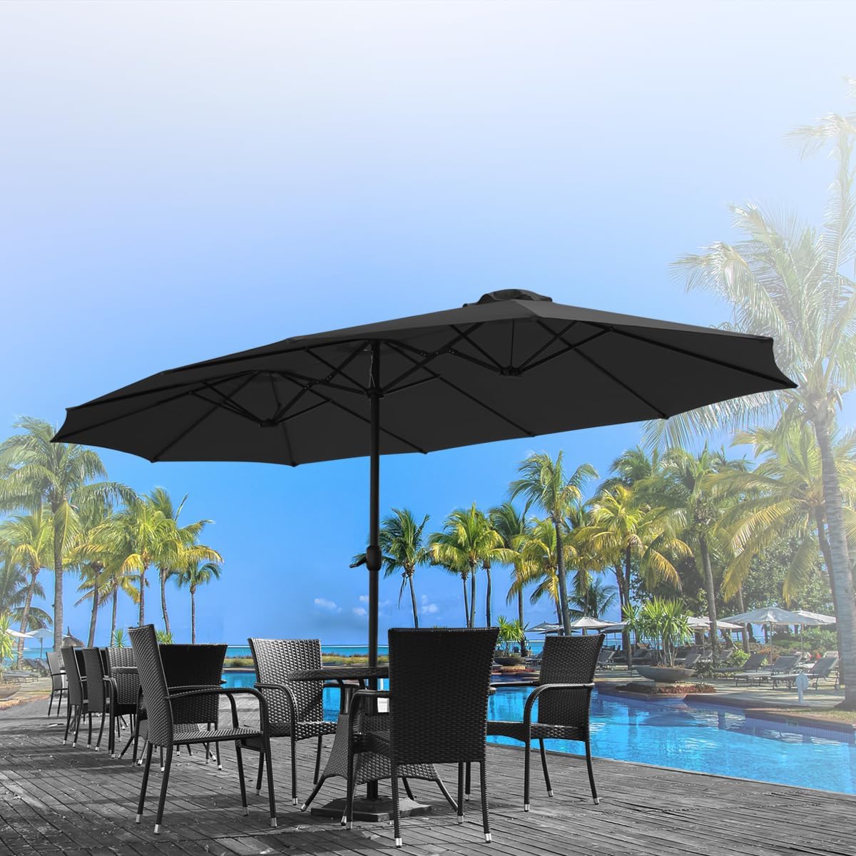 15ft Patio Umbrella with Solar Lights, Large Double Umbrella Outdoor, Rectangle 180''x106'' Umbrellas with 156 PCS LED Lights and Crank Handle for Backyard Deck Pool Shade in Black(1.9