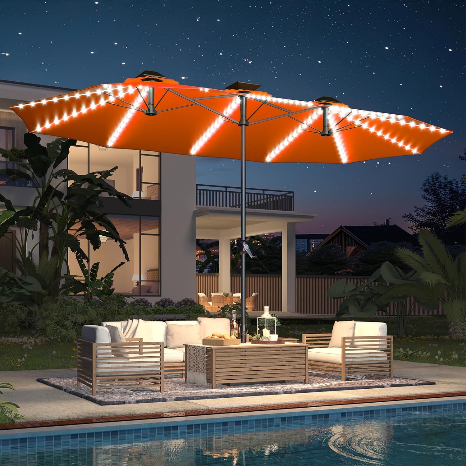 15ft Patio Umbrella with Solar Lights, Large Double Umbrella Outdoor, Rectangle 180''x106'' Umbrellas with 156 PCS LED Lights and Crank Handle for Backyard Deck Pool Shade in Black(1.9