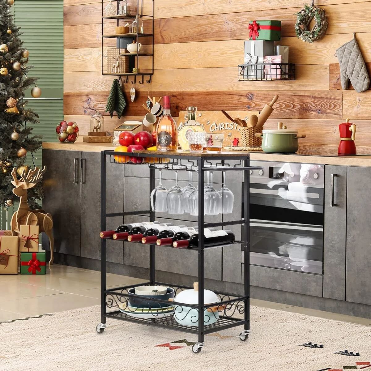 3 Tier Mobile Bar Serving Cart, Rolling Wine Cart with Glass Stemware Rack and Wine Bottle Holders