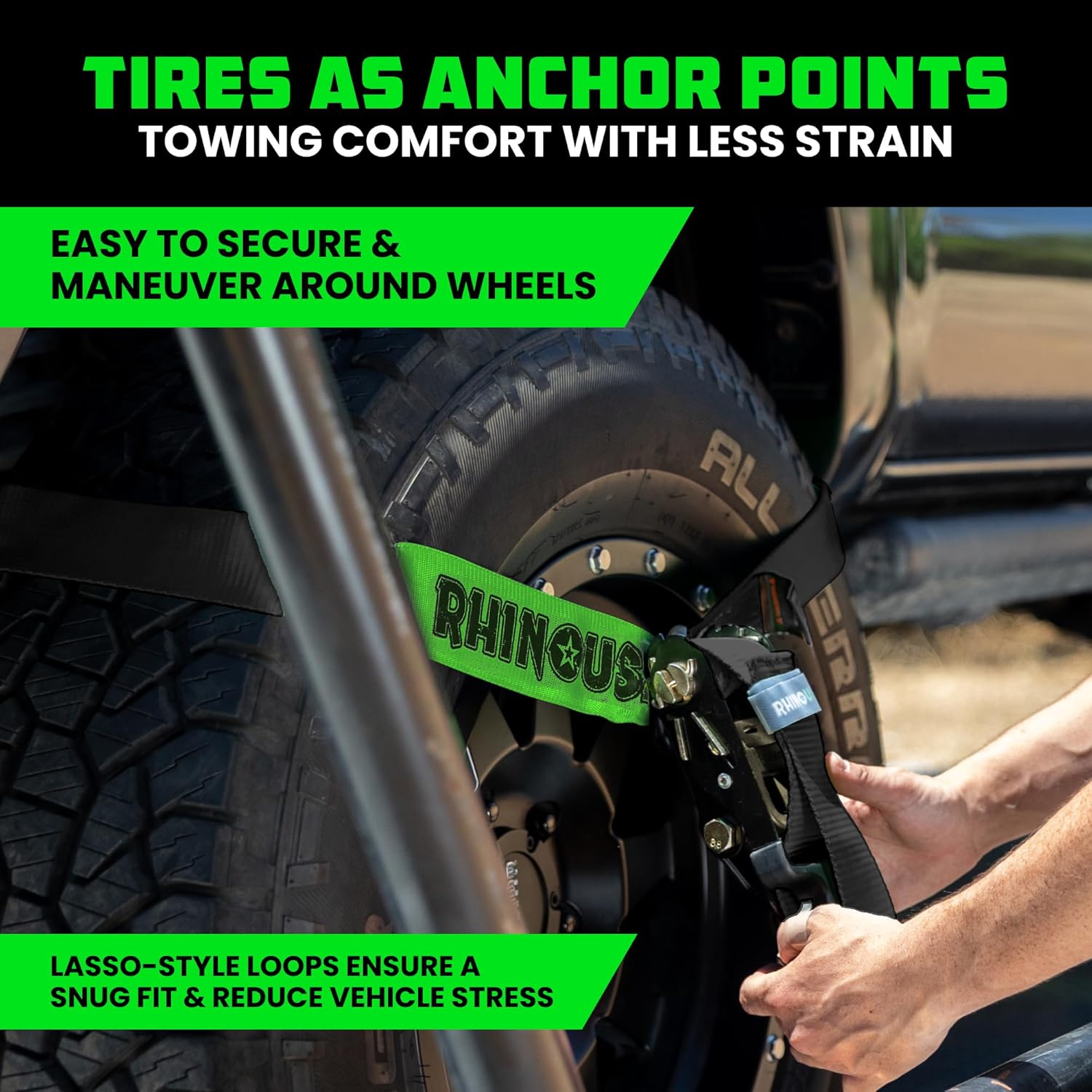 Car Tie Down Straps for Trailers with Flat Hooks (4-Pack) - 2 Inch x 8 Feet (10,000lb Break Strength) - Heavy Duty T-Handle Car Lasso Tire Straps for Trailer & UTV - Black