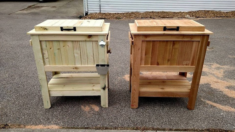 2025 All Weather 48 Quart Antiqued Cedar Cooler Stand with Brass Drain, Bottle Opener and Cap Catcher, Beer Cooler.