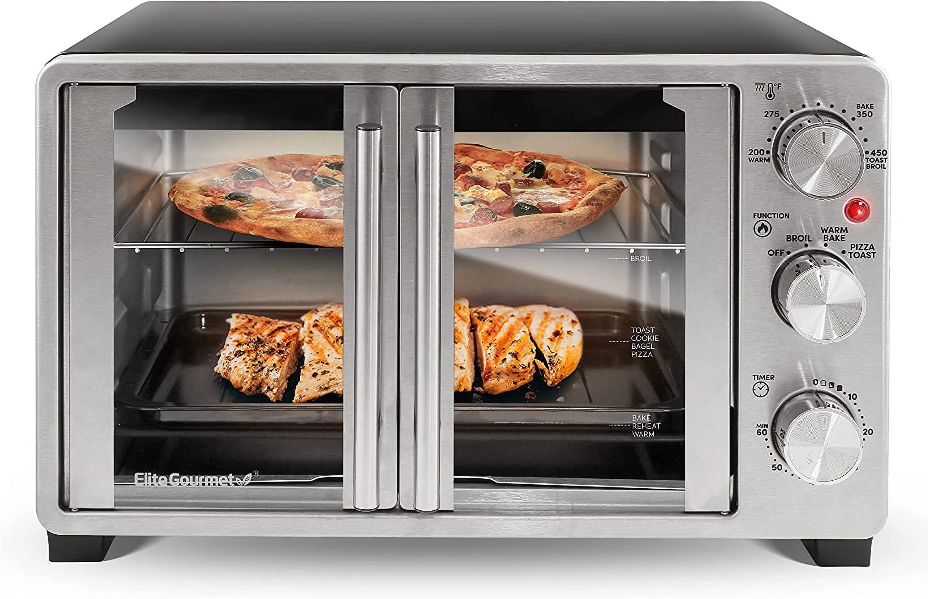 Elite Gourmet ETO2530M New Double French Door Toaster Oven fits 12′′ Pizza, Stainless Steel