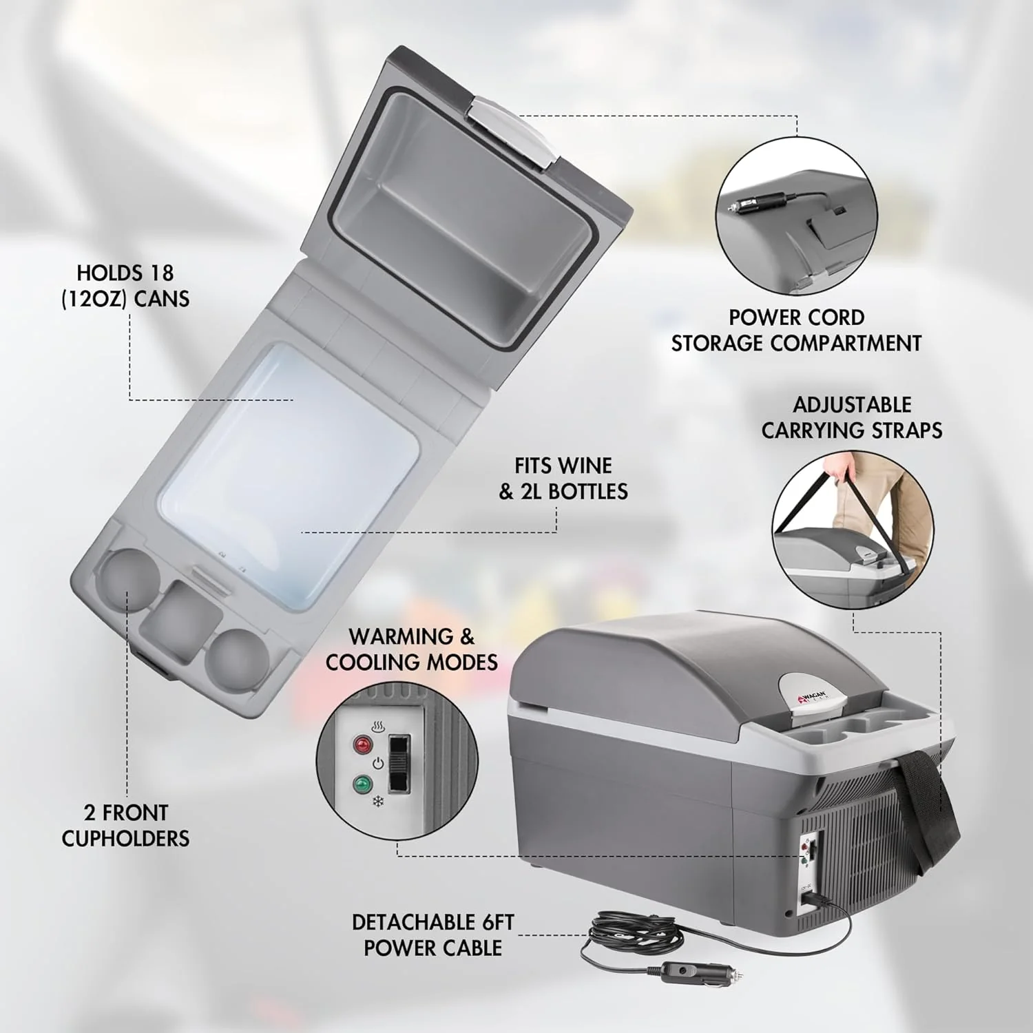 Personal Thermoelectric Cooler/Warmer, 14 Liter Capacity, Portable Electric Car Cooler with 12/24V DC, 12V Small Fridge for Car, RV, and Camping Use, UL Listed