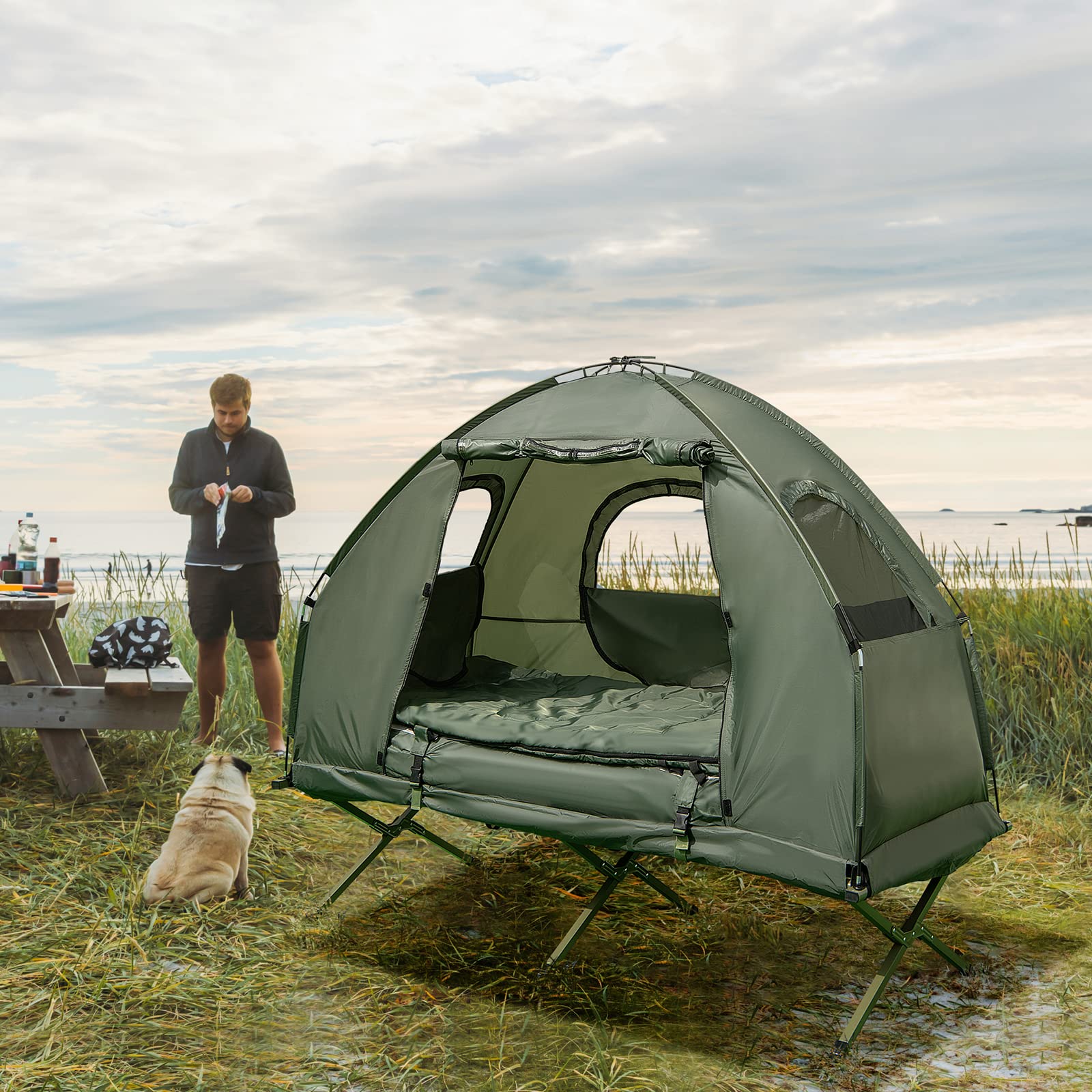 Camping Tent Cot, 5-in-1 Folding Camping Bed with Air Mattress, Pillow, Sleeping Bag