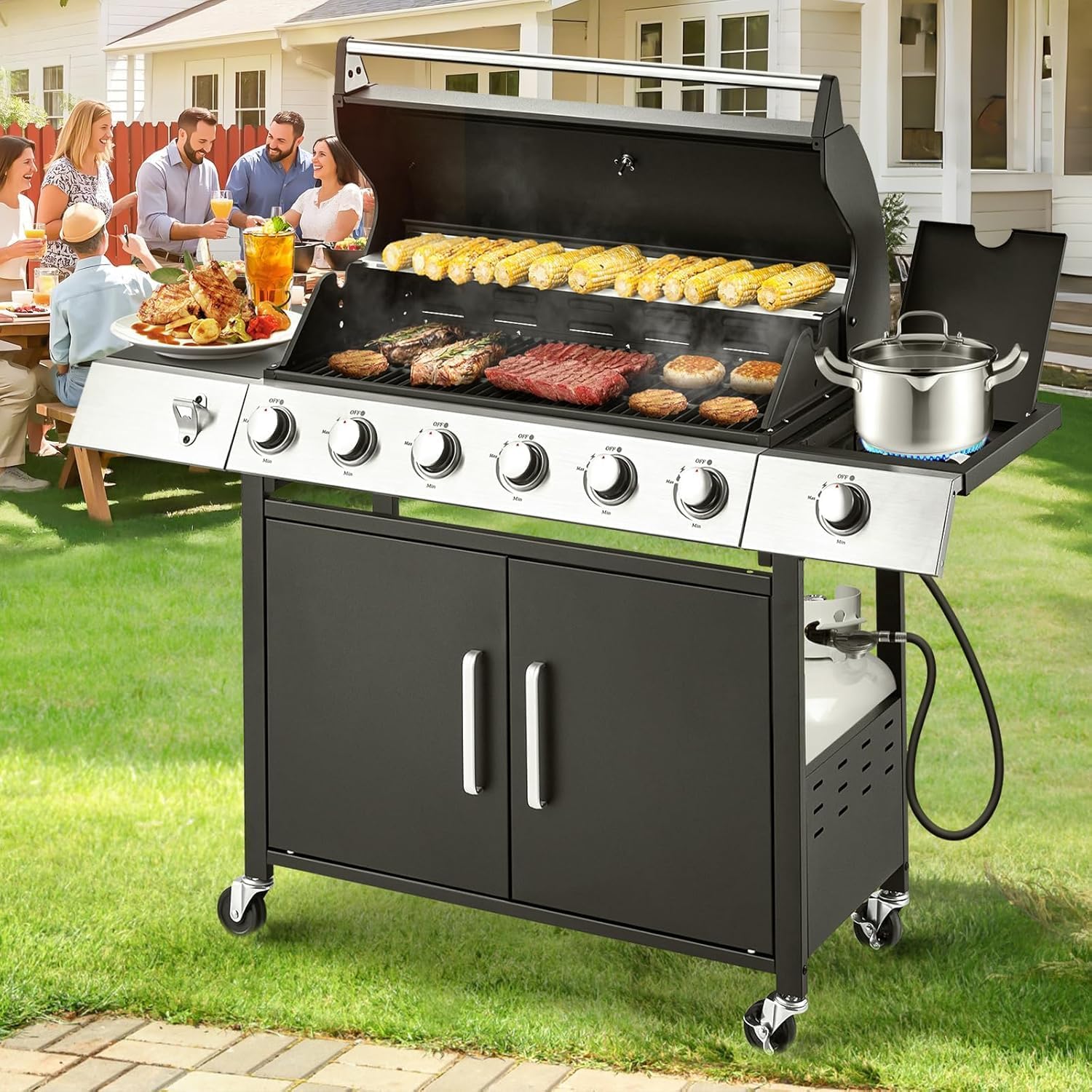 Upgraded 4 Burner BBQ Propane Gas Grill with Cast Iron Grates & Side Stove, 44,000 BTU Stainless Steel Burner Barbecue Grill for Patio, Camping, Outdoor Cooking MELLCOM