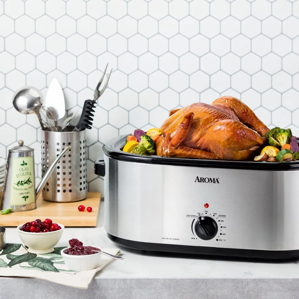 Aroma 22 Quart Electric Roaster Oven Stainless Steel with Self-Basting Lid