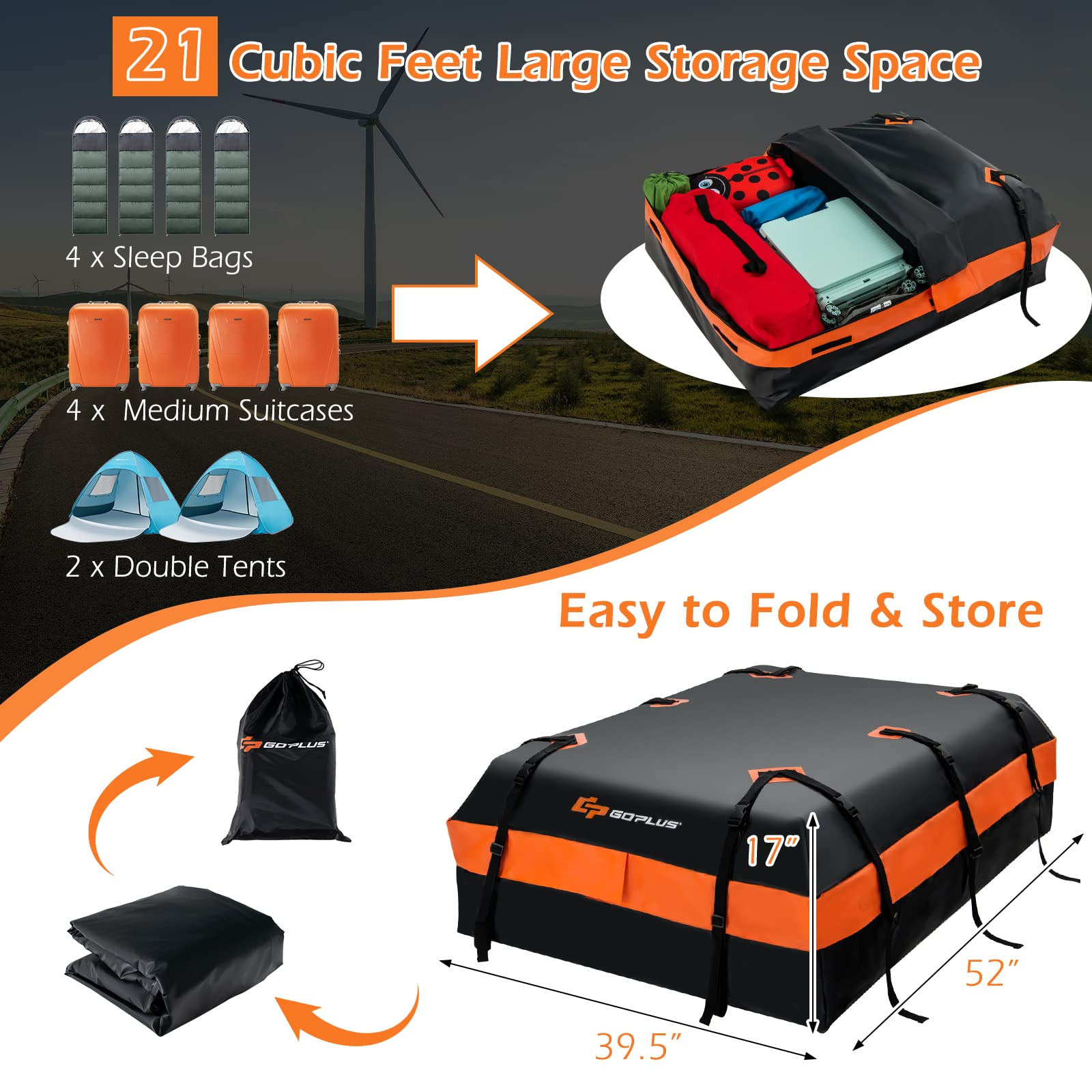 2025 Car Rooftop Cargo Carrier Bag, 21 Cubic 100% Waterproof Soft Car Roof Bag for All Vehicles with/Without Rack