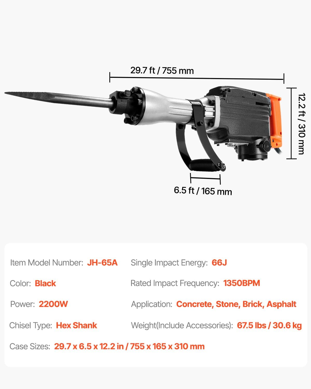 Demolition Jack Hammer, 1350 BPM Concrete Breaker 6pcs Chisels Bit Chipping with Case, 2200W Electric Jackhammer Heavy Duty, Black