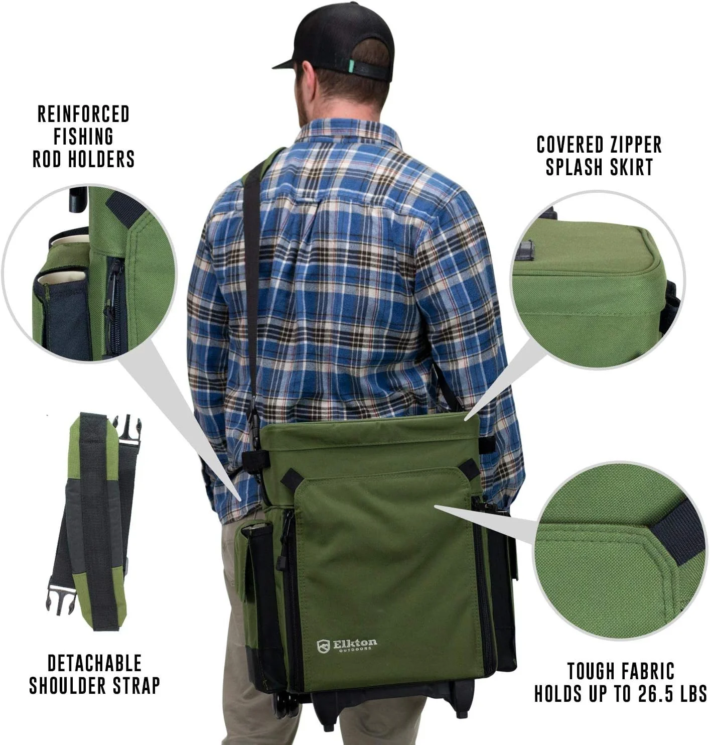 2025 Elkton Outdoors Rolling Tackle Box with Wheels - Waterproof Rolling Fishing Backpack, 5 Removable Tackle Trays, 4 Rod Holders, Fishing Gifts for Men, Fish Tackle Bag, Roller Tackle Box