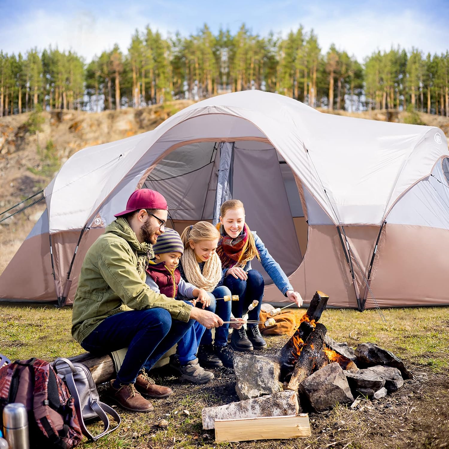 Camping Tent 10-Person-Family Tents, Parties, Music Festival Tent, Big, Easy Up, 5 Large Mesh Windows, Double Layer, 2 Room, Waterproof, Weather Resistant, 18ft x 9ft x78in