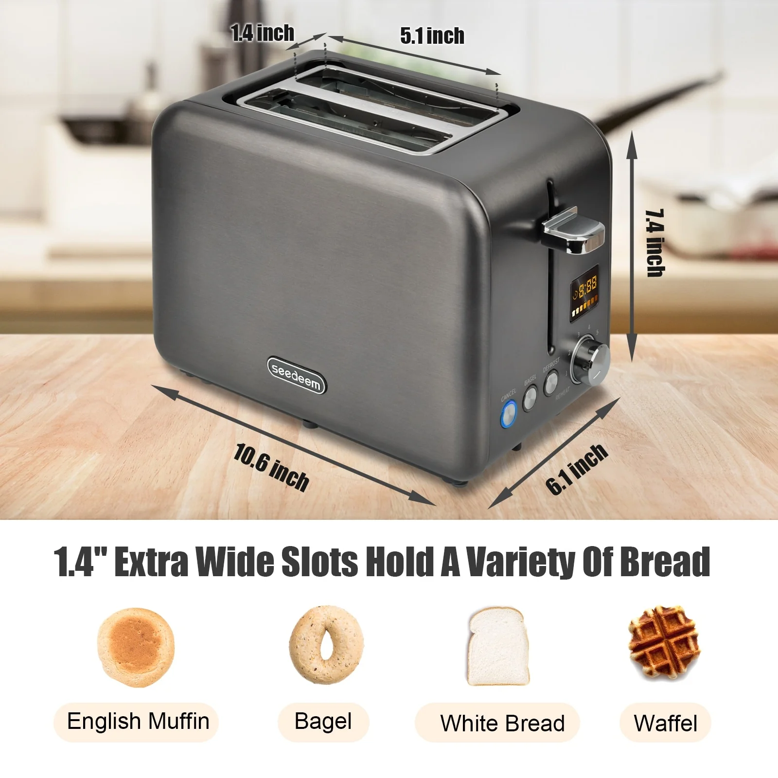 SEEDEEM Toaster 2 Slice, Stainless Steel Toaster with LCD Display