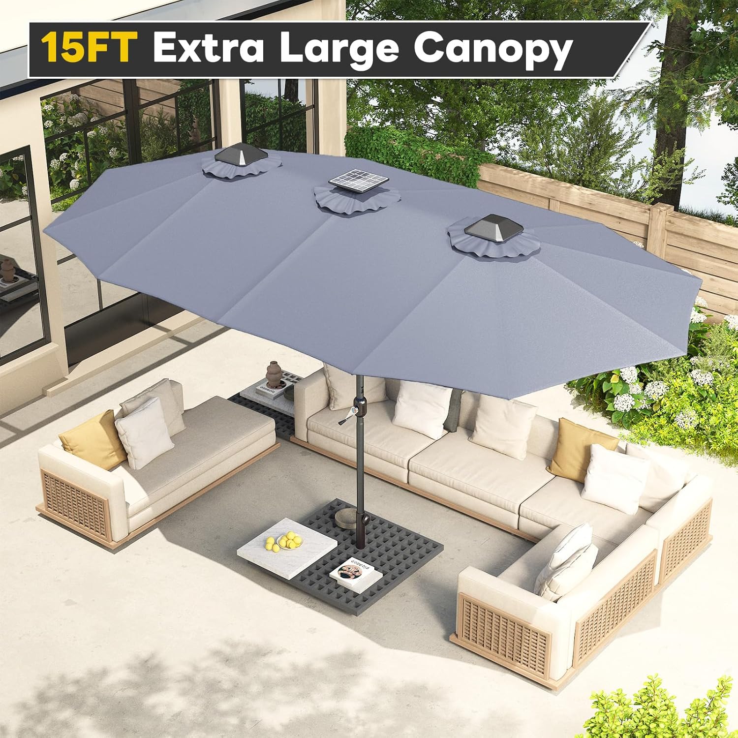 15ft Patio Umbrella with Solar Lights, Large Double Umbrella Outdoor, Rectangle 180''x106'' Umbrellas with 156 PCS LED Lights and Crank Handle for Backyard Deck Pool Shade in Black(1.9