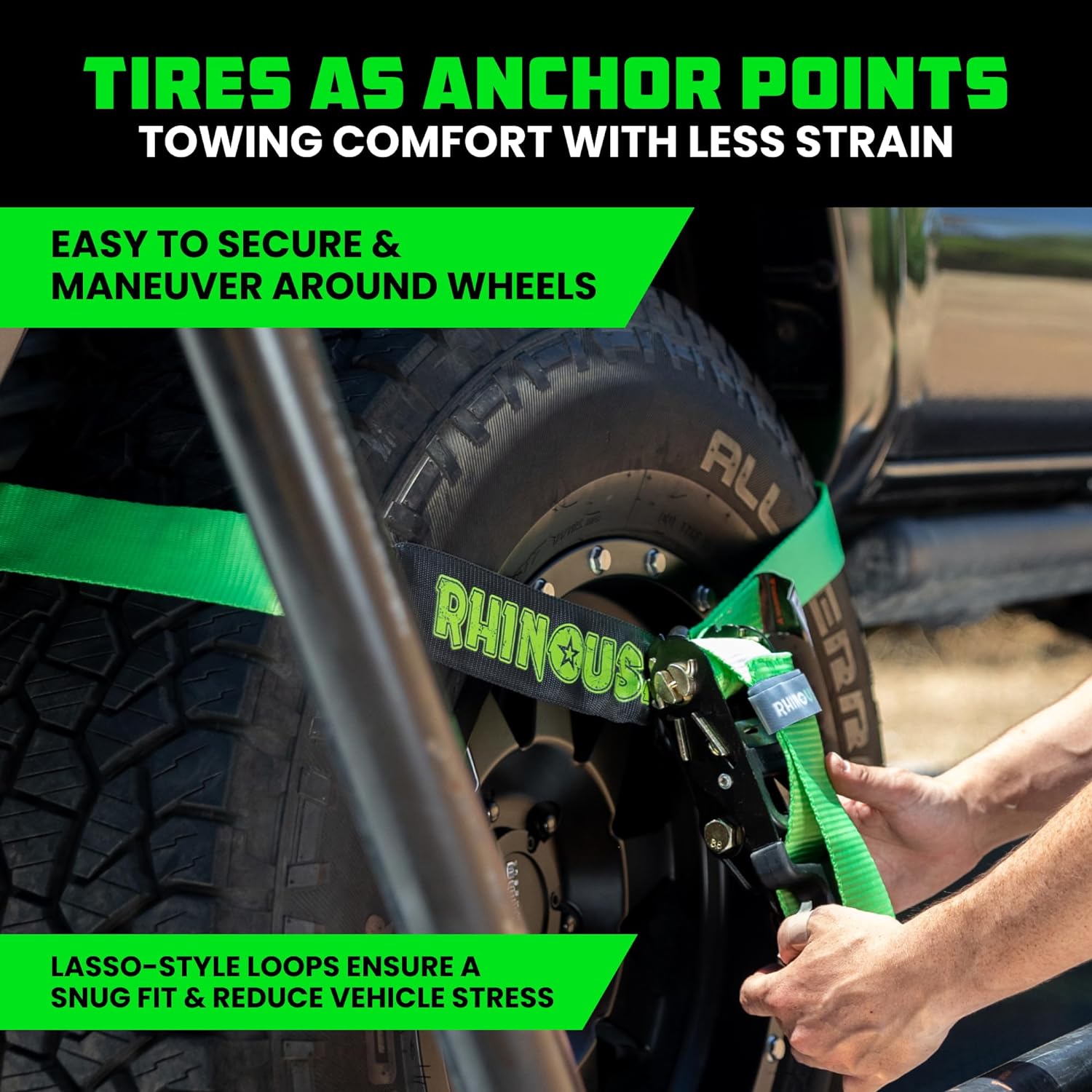 Car Tie Down Straps for Trailers with Flat Hooks (4-Pack) - 2 Inch x 8 Feet (10,000lb Break Strength) - Heavy Duty T-Handle Car Lasso Tire Straps for Trailer & UTV - Black