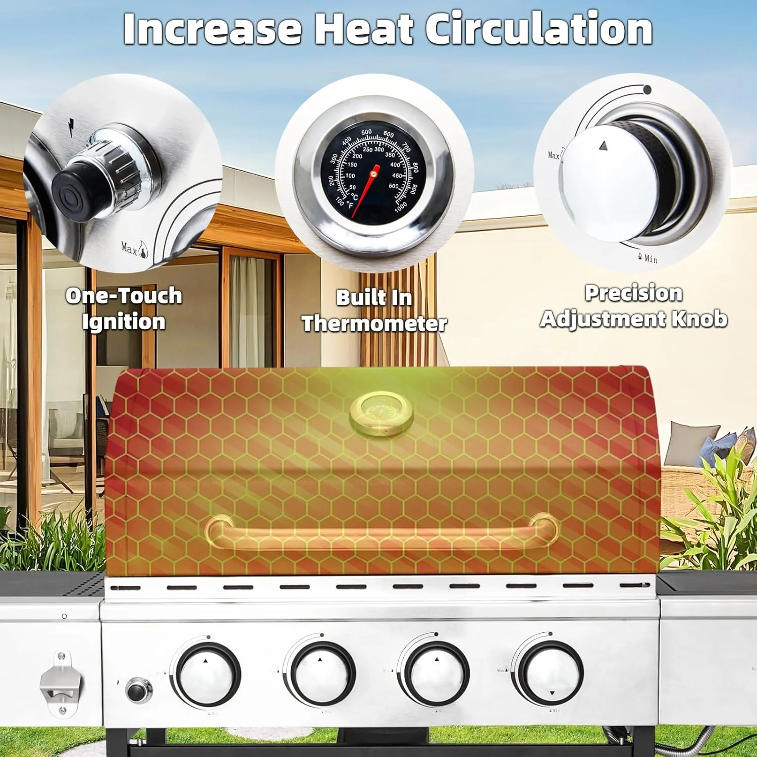 Upgraded 4 Burner BBQ Propane Gas Grill with Cast Iron Grates & Side Stove, 44,000 BTU Stainless Steel Burner Barbecue Grill for Patio, Camping, Outdoor Cooking.