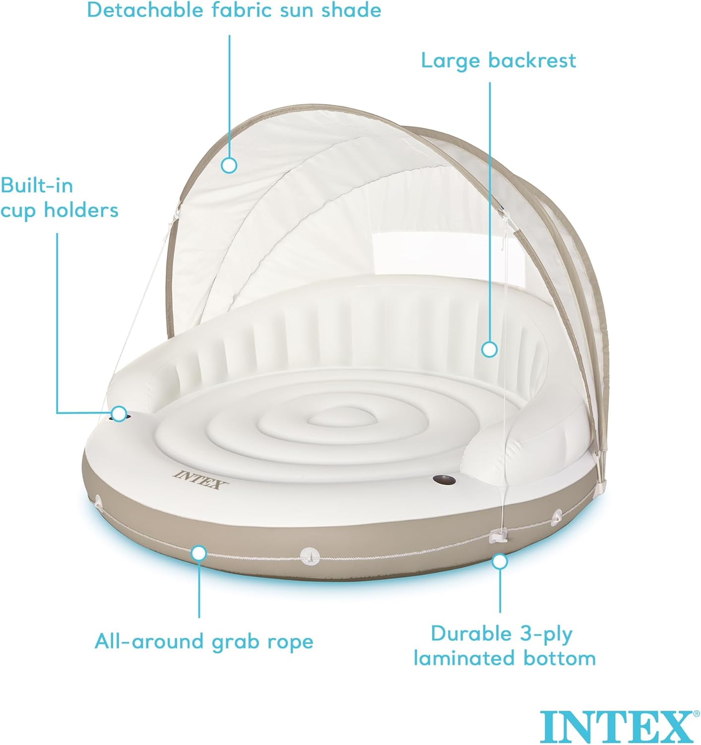 58292EP Canopy Island Inflatable Pool Float: Comfortable Lounge Surface – Built-in Cup Holders – Detachable Sunshade – 440lb Max Weight Capacity – 78.5