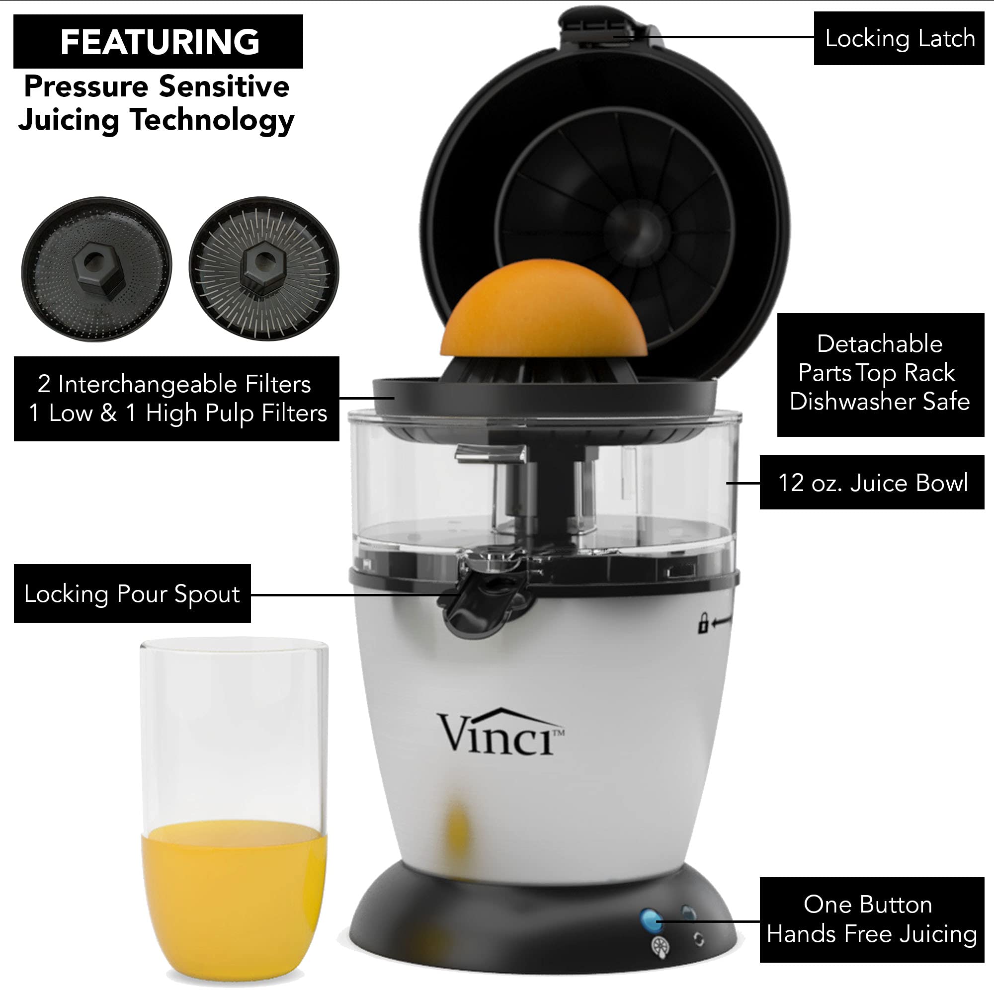 Vinci Hands Free Electric Citrus Juicer, 1-Button Juicer Machine