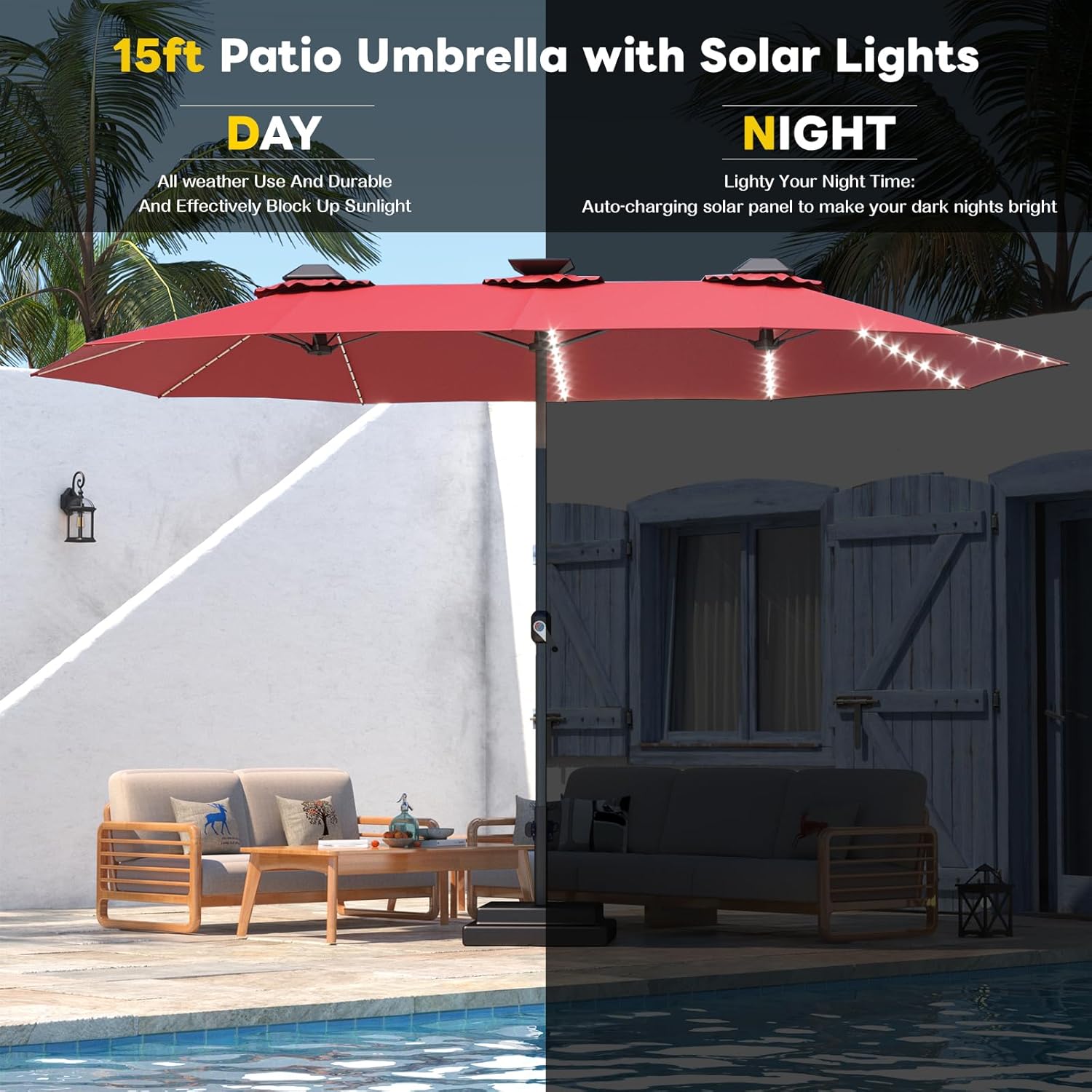 15ft Patio Umbrella with Solar Lights, Large Double Umbrella Outdoor, Rectangle 180''x106'' Umbrellas with 156 PCS LED Lights and Crank Handle for Backyard Deck Pool Shade in Black(1.9