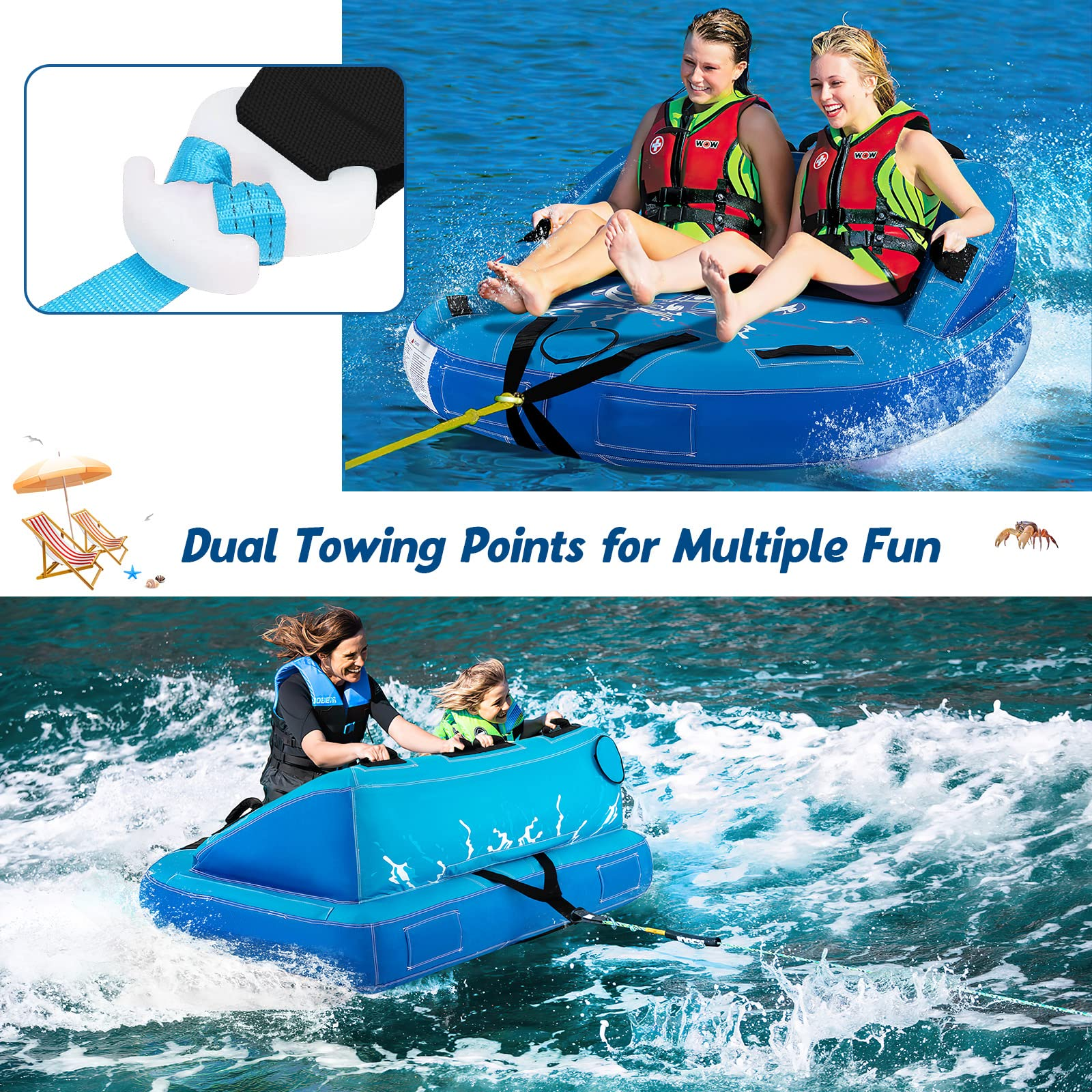 Inflatable Towable Tubes for Boating, 1-2 Person Water Sport Towables for Boat to Pull, Sofa Style Boat Tube with Drainage