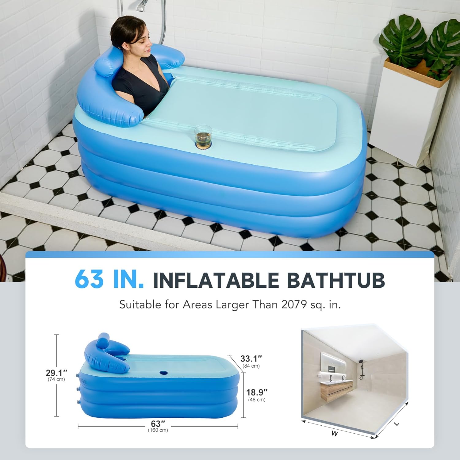 Inflatable Adult Bath Tub, Free-Standing Blow Up Bathtub with Foldable Portable Feature for Adult Spa with Electric Air Pump (High-Density PVC)