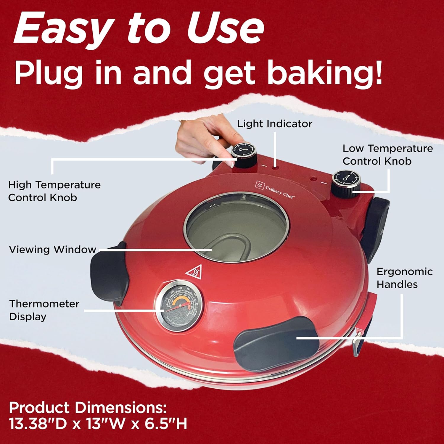 Electric Pizza Oven with Ceramic Stone, Viewing Window, Adjustable Heat Control, Timer and 1200W Baking Power, DIY Homemade Pizzeria, Large 12” Pie Capacity (Black)