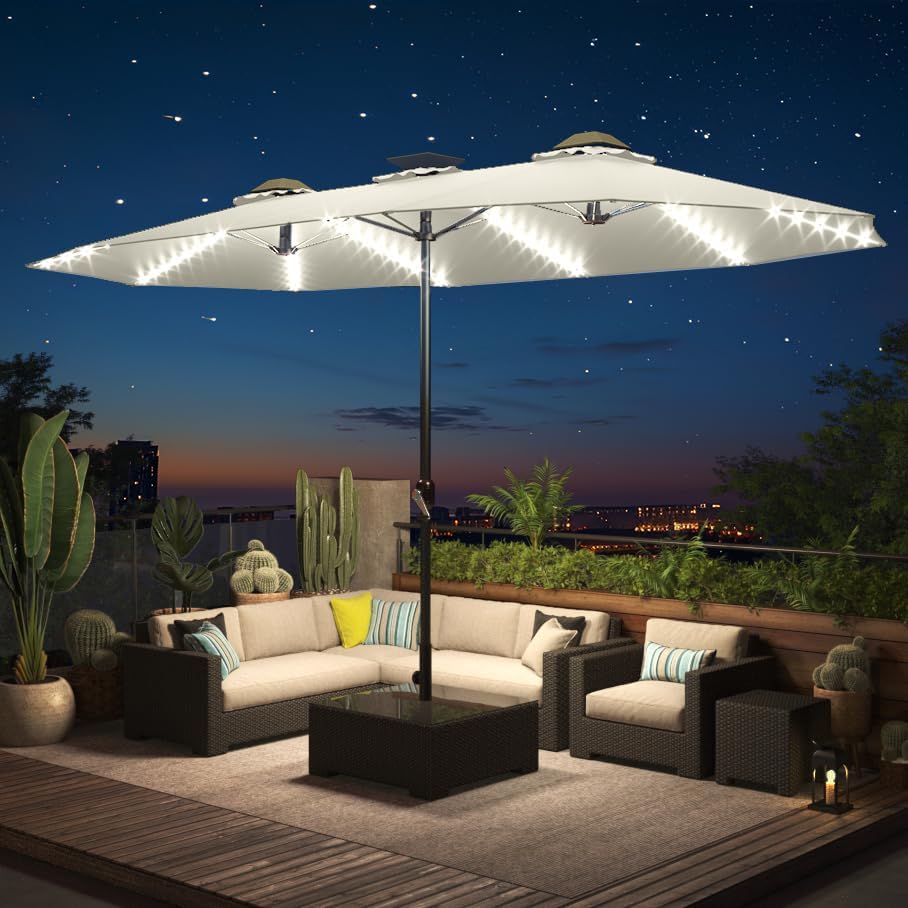 15ft Patio Umbrella with Solar Lights, Large Double Umbrella Outdoor, Rectangle 180''x106'' Umbrellas with 156 PCS LED Lights and Crank Handle for Backyard Deck Pool Shade in Black(1.9